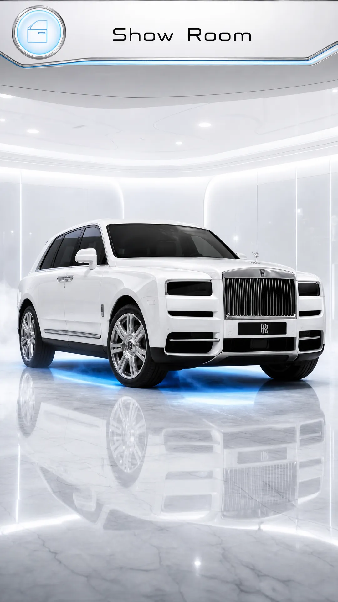 give me a show case of an all electric Bentley Cullinan as an interactive experience using my bentley character sheet (the look of this white bentley cullinan), it should be in an all white show room as the location
Scene 1: The car is the show room seen from the side (no start button here) but show one icon at the left side for starting up the car
Scene 2: the car with all doors and closed starts up and lights up with engine reving
Scene 3: show the front of the car ( the hood closed )
Scene 4: show the left side view of the car
Scene 5: show the back side of the car (the boot closed)
Scene 6: show the right side view of the car
Scene 7: show inside the car front seat driver side
Scene 8: show inside the car front seat passenger side
Scene 9: show inside the car after the car is on from the driver side with all ui indicarions and activate functional look of a rolls royce cullian dashboard