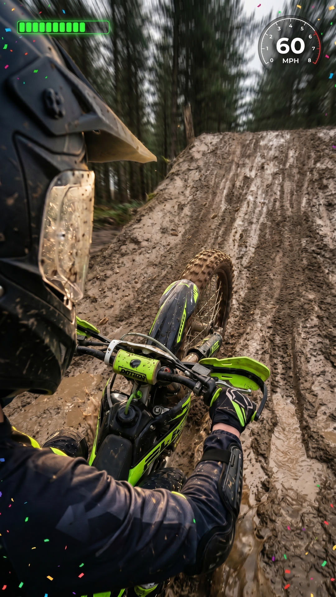 pov view of guy on a dirt bike Moving at high speed in in a muddy forrest he has to dodge the trees he should go through 3 sets of tree hurdles then add one fail scene and oone completion scene where he goes up a muddy ramp then soars in the air in victory