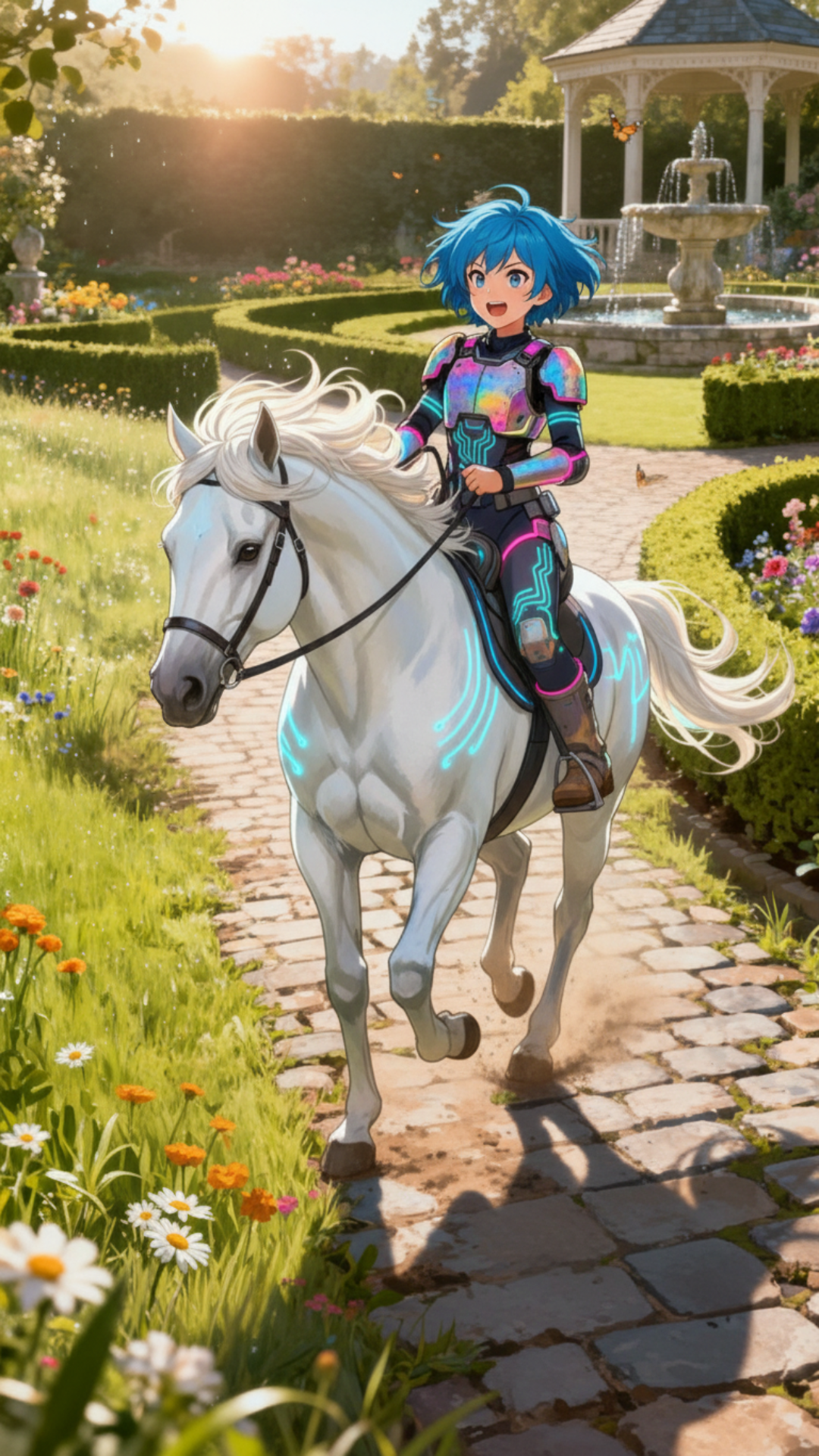 1, a ready player 1 type girl with coloful armor chasing a white horse(she is on foot) in a beautiful meadow and garden location , 2 she is riding the horse same location 3 she stands frustrated as the horse runs away