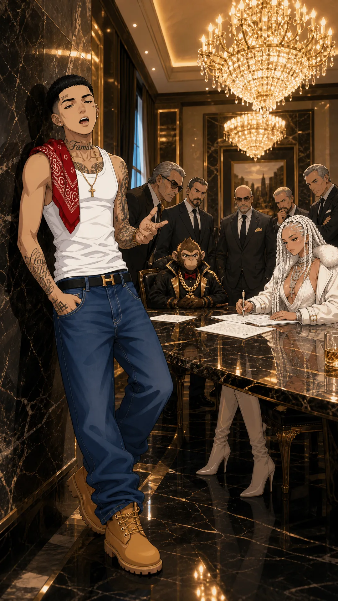 create this music video for me , THe main characters Dora (, light skin latino , rebelious classy lady with skinny build White Braided her usually where a fashionable coat, with a short skimpy dresss beneath, with Luxury high Boots, she usally where lots of dianond in form of chains on her neck ), Monkey Jabo is a Normal meduim sized monkey that works on two feet like a human being would and always has a chain on his neck , sometimes he where a jacket and watch and chain he is dORA'S bEst friend. then lastly Rio is a latino guy , who is the star of this and is singing about Dora (Rio is a slim build latino Guy who lloks like he was workig for the cartel he has taottos on his face and changes between cartel underlyn look to a suit sometimes ) the premise is he tried to save dora by husting but she made it on her own and is now helping him name of song 'GO DORA'
Scene 1: Rio and Dora on a roof top in newyork with chilling while money is looking over the city while leaning on the rail , then it zooms in to Rio Looking at the camera and singing , while dora is slightly in frame as she was close to him rio on his cartel out fit (white tank top red bandana jenas and timberland boots)
Scene 2: rio stands on taht Roof ToP and starts singing , with Dora still sitting down and Rio and Monkey rio on his cartel out fit (white tank top red bandana jenas and timberland boots) and singing and feeling them selves wakling stylishly singing as rio is singing money is behind feeling the song
Scene 3: Now this is a shot of 3 of them on aplane , start with Rio wallking in the plane dressed in A sharp suit , next he is sitting with Dora in the plane with rio to the left and dora to the right and then monkey actual on dora's laps smoking a cigar
Scene 4: Next 3 of them are in a all white get up and each of them wears a unique white jacket , Rio is Upsing while dora is now dancing to the song and Monkey is also there dancing feeling him slef like a boos tese are subltle hip hop style gandster moverments slowly moving and walking around to the song but during Rio is singing (Location a snowy Runied Looking Location they are on a helicopter with an luxury Helicopter Right behind them ), then show Rio driving a ferrari sider on a suburban street in the uk called wigan the ferrari is convertible with roof dropped so Rio is visble in the car
Scene 5: On this scene Rio is about to get i the helicoper while Dora is alreday o and visible , rio is singing to the camera walking to the helicopter in style while moneky is also on view with both hands up in the air next to the mountain lege make this close up high perpesctive shot , then show monkey intrude on the camera final and starts Bopping his head to the users like they should listen this is a close up shot
Scene 6: They at an African Village in Kenya , and Dora and dora is giving meals to school children , then they are at a youth tech innovation center dora created for youths in the usa beinging maga and democrats youth together, this will show dora and rio actually livig and how they spend their lives no singing from rio also add monkey in each of these scenes also helping out
Scene 7: THEY BOTH IS THIER MANSION AS Rio is by the side singing in his cartel clothing , while Dora is signing a guge deal with abunch of old men money is also sitted at the table wearing a Bow tie (no chain here), then next dora is standing and dances to rio with confidence in a sexy way
Scene 8: Dora and Rio climbing the empire state building with mokey far ahead in the lead, then the 2 of them satnd at the Top with monkey handing stylfully from the side of the structure , Rio and Dora hold ecah others hands
Scene 9: On the Top of the Tower Rio is sqauuted down looking at the camera, dora standing in a sexy way with MonEY next to her with arms Folded
