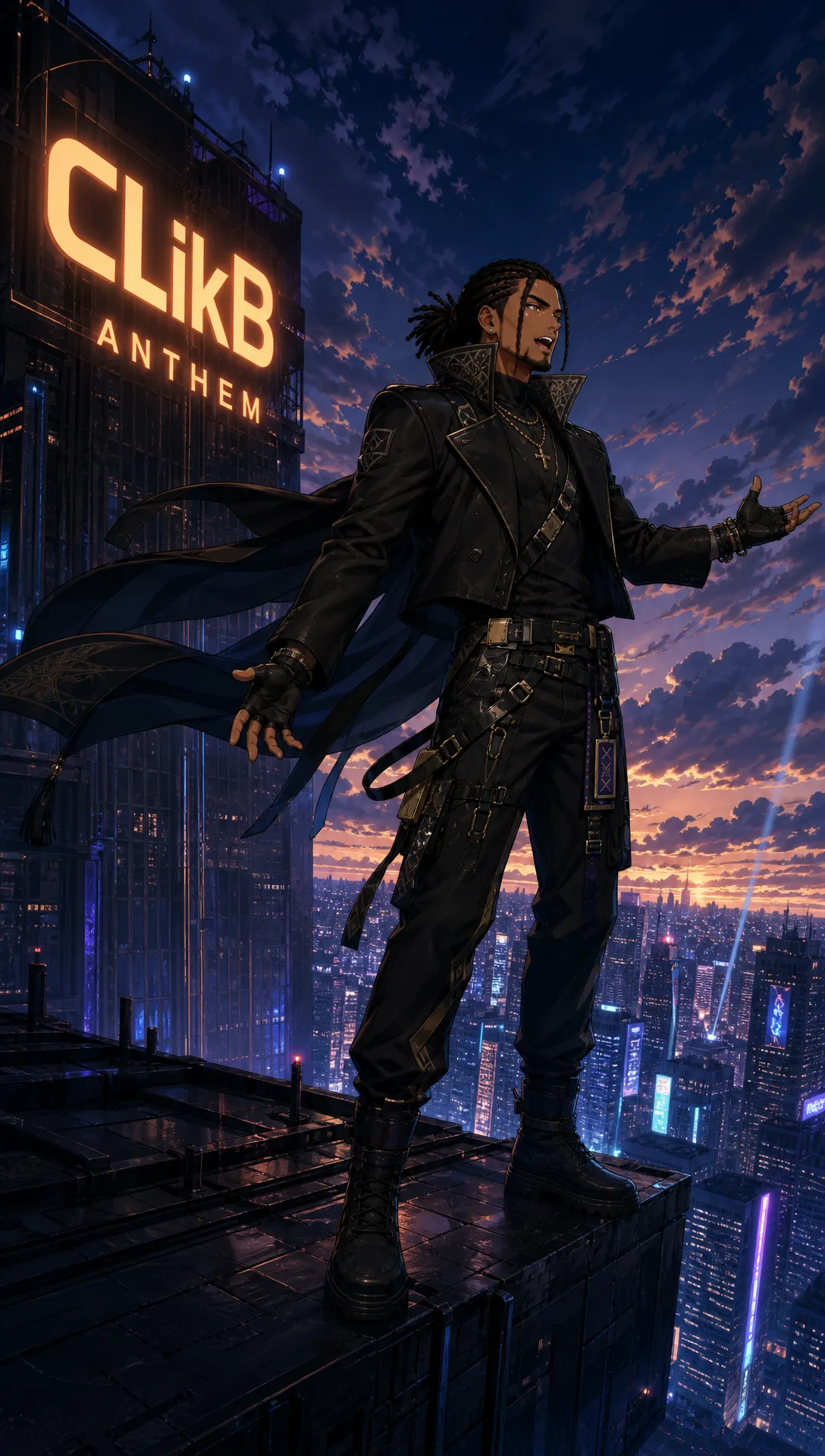 You must make sure my characters’ clothing changes based on the scenario, and the clothing design must be eccentric and match personality. They can have a base eccentric outfit, but if the clothing needs to change, it will; if not, they use their base outfit based on scene context.
Scene 1: Cuzon stands at the top of a huge skyscraper with the CLikB name visible at the top left of the building, singing confidently into the wind like a polished music video lead, cool and composed, not too flashy, just powerful and self-assured, with no microphone in sight, then it cuts to a white, clean but slightly messy dream-room office where he’s working in pajamas with two laptops open, empty noodle cups and food scattered around, still coding on the company while the performance energy stays in the vibe, but this shot is more about his grind than full singing.
Scene 2: Cuzon moves into a cocktail party, midway walking up to Terra by the bar while she relaxes there, and this is clearly his recruitment moment, smooth and intentional, like he’s pulling her into the mission, then it shows Cuzon and Terra with Casey and Laura outside two black cars on a desert Texas road, just about to get in, with Cuzon and Laura in one car and the other two in the other, making it feel like the team is locking in before a major move.
Scene 3: The story jumps to Afghanistan, where the four of them have created a children’s tech center in their camp, with the tents becoming bigger and more stable while still cheap and realistic, and around them are tech domes, tech tents, guided training games, AI mini libraries, plus massive amounts of food and water being distributed through a clearly well-funded humanitarian setup with trucks, supply crates, and delivery drones, making the whole place feel like a real large-scale aid operation rather than a fantasy build, then it goes to a remote USA border area where Cuzon and Terra are flying in with wing suits or glider gear helping people affected by trafficking, and Terra has landed and is giving a baby water while the mother looks sad, while nearby other people are being moved through the situation and the trafficker with the gun looks shocked at the wing suit arrival, making the rescue feel tense and cinematic.
Scene 4: The full expanded crew, Cuzon, Terra, Casey, Laura, Senu, Rita, and Eddy, comes into the India slums where they’re giving out massive amounts of food, PlayStations, and aid as a big well-funded event with trucks, stacked supplies, and delivery drones moving everything around, and this is one of the music-video performance moments where Cuzon is also singing while looking toward camera with that smirky smile from the side of the frame, never using a mic, like he’s both leading the mission and performing the anthem, then it closes at the White House gates with all seven friends standing together in a powerful final shot, and here Cuzon is singing again if he’s in the frame, giving the ending that full emotional music-video finish where the mission and the song land together.