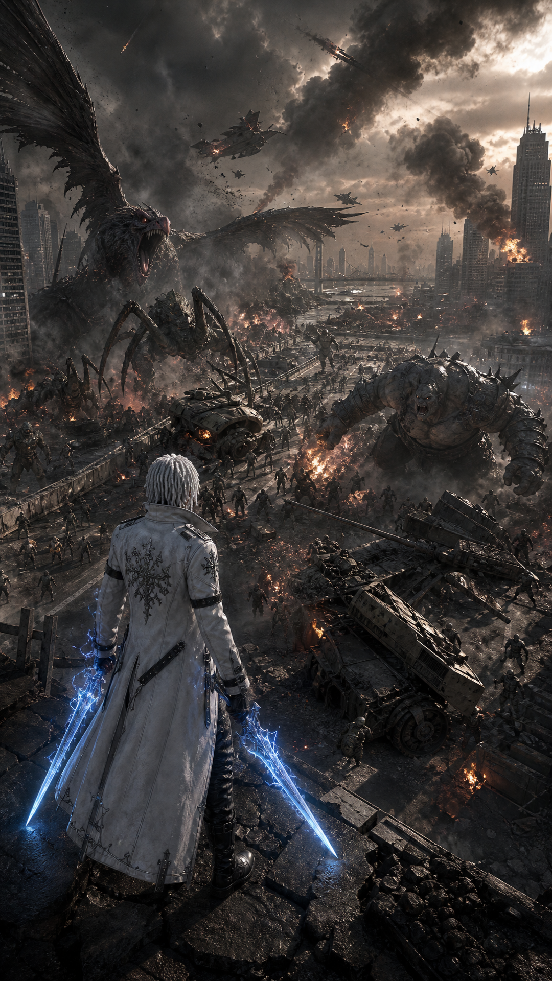 Full Story Synopsis: The Haven Chronicles
A meteor shower crashes onto Earth, but they are no ordinary space rocks. Instead, they carry demon-like invaders—orcish warlords, cyclops beasts, giant insects, and monstrous birds—who wreak havoc across New York City and beyond. Humanity is battered and overwhelmed, its armies crushed beneath a tide of darkness.
Yet from the desperate hearts of ordinary people, an ancient prophecy awakens: the Book of Love. This mystical tome bestows incredible powers on those brave enough to claim them, sparking a fierce resistance. A shockwave born from this awakening sends demons fleeing to the scorching southern lands, while scattering human survivors to icy refuges in the north.
In these frozen wilds, healing begins — and with it, the birth of Haven, a sanctuary of snowy white castles topped with gold and diamond, guarded by giant, rideable mythical beasts. Static, the electric swordsman with white dreads and a fierce white tiger companion, narrates the tale, guiding us through this shattered new world.
His closest allies, Flamez, a fire-wielder with a red griffin, and Tera, a luminous water(Glow) mage who conjures anything she can imagine take us deep into the heart of Haven’s struggle. Together, these heroes embody the fragile hope, fierce friendship, and unbreakable spirit needed to face the darkness once more.
The Haven Chronicles is the story of survival, sacrifice, and the power of unity in a world forever changed.
Scene 1
Beat 1
Flamez stands in the snowy park garden in haven(with live flowers in the snow), red griffin calmly beside him on the ground.
Flamez (playful, inviting): "Welcome to Haven it's beyond your wildest imagination"
Beat 2
Flamez mounts griffin and takes off soaring as Static watches Him FLY AWAY same location in the snowy park Garden in haven, electric swords glowing.
Static (serious, calm): "This world was forged in chaos. Let me tell you what we faced."
Scene 2
Beat 1
Static surveys a destroyed city new york city, swords crackling with electricity.
Static (grave): "Meteors didn’t just fall—they unleashed demons."
Beat 2
Cut to chaos in streets as Static surveys: jets crashing, soldiers defeated.
Static: "We fought... and nearly lost everything."
Scene 3
Beat 1
Static walks through scenes of scared humans in malls and churches, glowing light from their chests.
Static (soft): "Yet bravery lived, even in the ordinary."
Beat 2
Close-up on the glowing Book of Love pulsing softly.
Static: "The Book of Love unlocked our hidden strength."
Scene 4
Beat 1
Shockwave sends demons fleeing south.
Static (reflective): "The power drove demons to Earth’s fiery south."
Beat 2
Humans gather around campfires in snowy wilderness, healing wounds.
Static: "We scattered to the cold and learned to heal."
Scene 5
Beat 1
Haven’s white castles with golden and diamond roofs shining in snow.
Static (calm): "From ruins we built Haven—our sanctuary."
Beat 2
Riders on giant white tigers and griffins patrol snowy gardens.
Static: "Here, strength is found in unity."
Scene 6
Beat 1
Tera stands in a snowy garden, glowing water swirling around her hands, as a transparent, glowing wolf made of her light rests at her feet.
Tera (quiet, confident): "Glow is life. I craft warriors from light."
Beat 2
Seven translucent angelic warriors and her transparent, glowing wolf stand guard around Tera.
Tera: "Together, we protect Haven."
Scene 7
Beat 1
Flamez stands outside the grand arena with his red griffin beside him; his sword ignites with a fiery blaze.
Flamez (bold, fierce): "Fire burns the old away. I forge the new."
Beat 2
Flamez trains inside the arena alone, sword blazing.
Flamez: "My flame drives every fight."
Scene 8
Beat 1
Static stands at Haven’s massive gates, swords crossed.
Static (solemn): "We wait. We prepare."
Beat 2
Flamez and Tera join Static; the trio stands strong, ready.
Static: "The next battle is coming."
Scene 9
Beat 1
Wide shot of the trio overlooking snowy Haven.
Static (softly): "In this broken world, we found more..."
Beat 2
Close-up on faces—hopeful and determined.
Static: "Friendship. Hope. Power. Happiness." Character Descriptions
Static: A cute Black man with white dreads; an electric swordsman who narrates the tale and fights to protect Haven.
White Tiger: Static's fierce and loyal companion, a giant rideable white tiger who stands by his side. white devil may cry jacket two swords electric powers one short sword one long
Flamez: A cute fire-wielder with yellow hair, known for his blazing sword and playful spirit. Red devil may cry jacket one very long all black sword made of charcoal
Red Griffin: Flamez's companion, a majestic and powerful a giant rideable red griffin that soars through the snowy skies.
Tera: A cute, luminous sparkling TINY glass and Diamond's FILLED water (glow) mage who conjures anything she wants in form of Glow to fight alongside her. she is wearing all white usaullt a short white pleated skirt and a white and gray little red ridinghood type hood , her hood always down she also conjurs up a giant Giant hammer as that is her favorite weapon
Glowing Wolf: Tera's companion, a beautiful, transparent, and glowing a giant rideable wolf made entirely from her luminous sparkling TINY glass and Diamond's FILLED water(glow) .