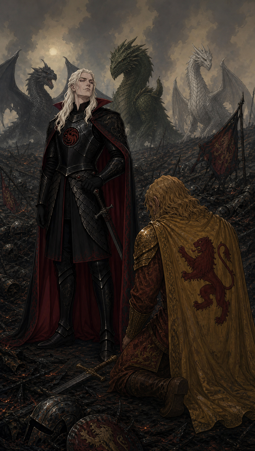 Update: 'show aegon before he started the war , then show the war what he cononquered in order and shwo the fianl boss fight scenes , then show him ruling and show his fsmily give hime personality a flambotant charcter adn show his sisters at relavnt part in cannon like i said check online
', Original prompt:'check online for actual story MAKE THIS A CINEMATIC STORY BEING NARRATED BY AEGON HIMSELF reflecting step by step and explaining his actions this is a draft -> The story world is Westeros during the era of Aegon the Conqueror’s unification of the Seven Kingdoms. The continent is fractured into multiple independent kingdoms plagued by centuries of bloodfeuds and warfare, each ruled by a lord entrenched in their own power struggles. Aegon Targaryen, a prince born of dragon blood, arrives with his two sister-wives, Visenya and Rhaenys, each bonded to massive dragons named Balerion, Vhagar, and Meraxes. These dragons are living weapons of immense power, capable of melting stone walls and darkening the skies with their wings.
The tone is epic, legendary, and primal, with themes of fire, war, conquest, unity forged from destruction, and the rise of a new order. The story arc follows Aegon’s campaign: the decisive destruction of Storm’s End and the death of King Argilac symbolizing the shattering of old powers; the pivotal Field of Fire where coalition armies are devastated by dragons; and the ultimate forging of a united realm under Aegon’s rule. The Iron Throne is a forged artifact from the swords of defeated foes, symbolizing brutal conquest but also the beginning of centralized governance. male sure to add the children Aegon Targaryen, had and what they became, who rulled next
The world’s rules emphasize the overwhelming dominance of dragons in warfare—sieges and armies alone cannot stand against them—and the interplay of political calculation where submission ensures survival. Aegon’s rule combines fearsome power with political wisdom, including reconciliation of rival houses and establishment of a new capital, King’s Landing. check online for actual story amd end with the next Ruler on the thrown '