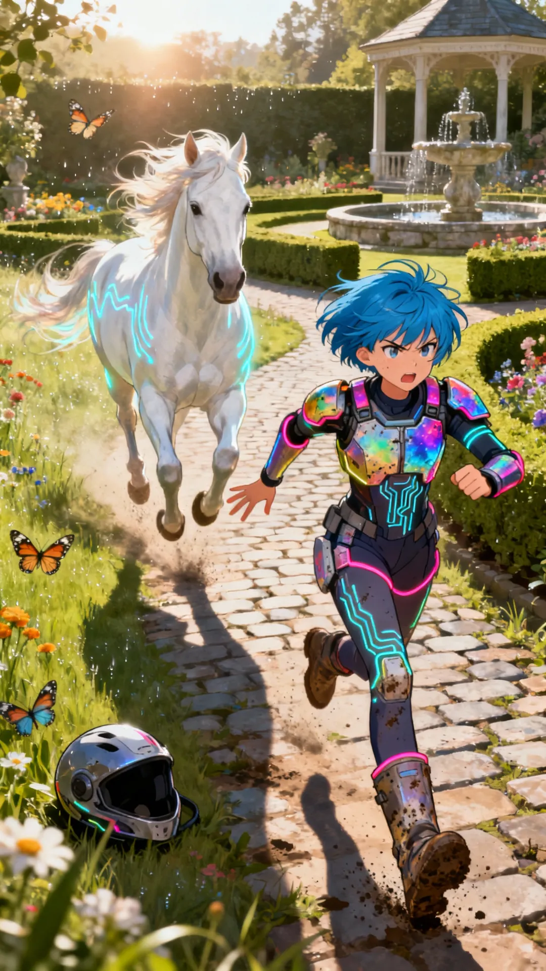 1, a ready player 1 type girl with coloful armor chasing a white horse(she is on foot) in a beautiful meadow and garden location , 2 she is riding the horse same location 3 she stands frustrated as the horse runs away