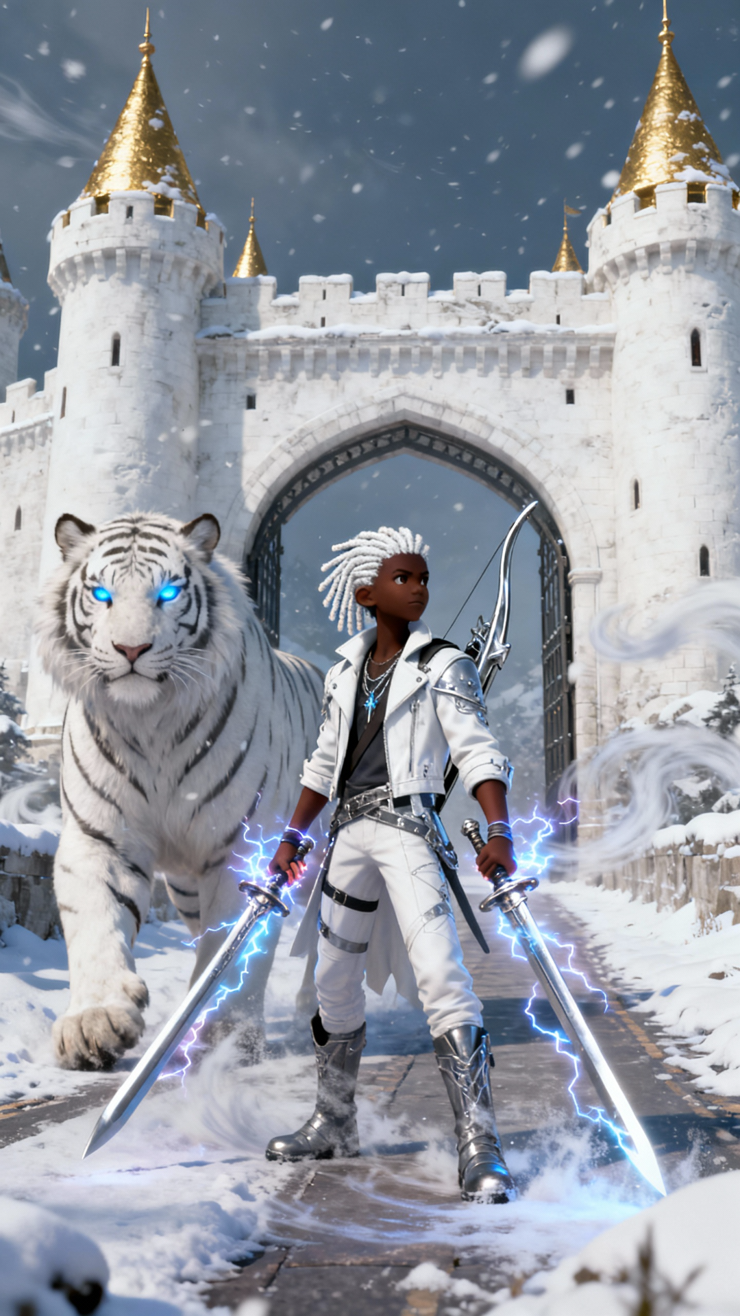 Introduction to a story i am creating called Haven Chronicles, Pretend You are A Guy named Static with Electric Shock Powers , (He is cute black 19 years with white dreads he , wears a white devil may cry Type jacket and attire, he wields two swords which conducts his electricity and he has a silver bow on his back, he rides a Giant horse size White Tiger ) First scene show Static Introducing the viewers to the haven universe using a serous Epic Tone . 2nd scene the story starts It was just another day , meteors fell from the sky , not shattering the ground like they should but they hand propulsion gasses that help them land , they flood the sky and out of these came out Demon Like Creatures ranging from orcs , to cyclopses , to Giant Bugs and Birds all invading new york city . scene 3 Humans Ran , tried to fight, with Fighter jets and Tech Enhanced armoured solders but all where defeated Brought to their knees, in the last Time of The last day as it was prophesied. scene 4 Humans Sacrificed Themselves for neighbours, Bravery Stood Firm and The Book Of Love was Unlocked , Giving Everybody from nurses to Soldiers , to those Captured by the invaders super powers(if these people are shown make sure its in a war torn place on earth). scene 5 The unleash of powers on all humans created a shock wave , this shockwave pushed the demons to the To LOcations around the hot side of the earth like africa and this shockwave flung most Humans to the colder side of the earth Norway, there where few Injuries but now we all could heal too . scene 6 After The dust settled we started rebuiding using new materials , new plants , creating new science, 3 humans on a patch of amazing garden , each of them have rideable horse size giant pets , around this patch of garden is a snow storm all taking place in a massive compound of a small meddile antique castle town where castles are all white with roofs and pillars of gold or diamond. scene 7 Static ends his narration: standing in front of the massive gate of this castle with his pet ,we know they are coming , we wait we train , We Found Haven, use this information to create a trailer for my story , static should narrate from start then tell me the story then end at the gate , last scene , make it professional