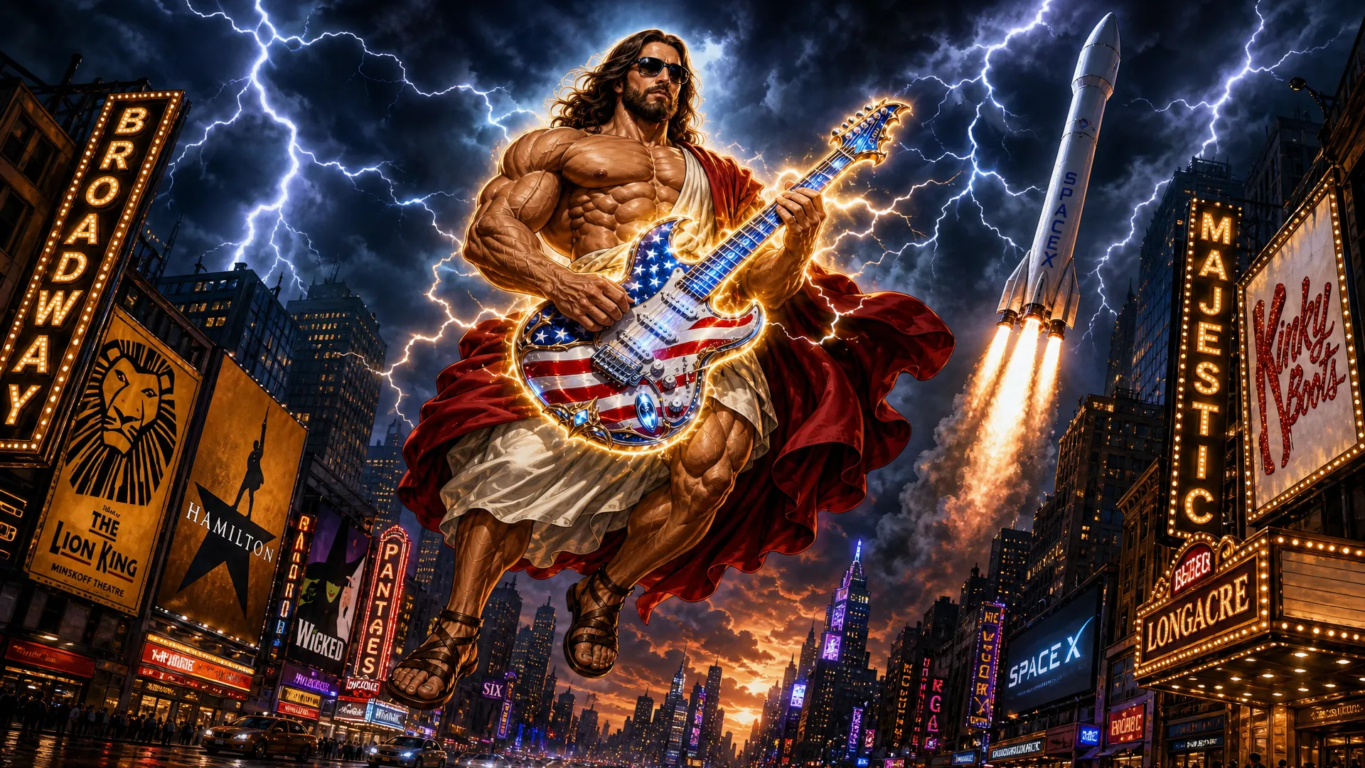 This is a highly passionate and energetic music Video with the topic being a very Muscular  and Huge jesus christ with a very big chest and massive arms appear in the world Cup staduim , on a stage the stage literally animmates from thing air in the stadium, then  a very Muscular  and Huge jesus christ is seen wearing his normal Robe garmet but with rebans glasses on and a usa all color heavenly guitar then he perfroms the intro of the song the crowd looks amazed in awe , some want to cry , then we me through the song with jesus in multiple scenario in a very high extreme intensional passion and extremely music and emotional high impact set of scenes as jesus came to perform this song in his quest for peace , external song will be added so this is in general a visual construction constraints for all multiple scenario scenes will be provided. JeSUS CHRIST has a guitar named Calibri(Guitar Calibri is all american flagged colored and has a heavenly look) song style from suno:'Arena rock anthem with a driving 4/4 beat at 130 BPM in the key of E major, Distorted electric guitars play palm-muted eighth-note power chords in the verses, opening up to sustained chords in the chorus, A prominent synth lead with a saw-wave texture doubles the vocal melody during the hook, The drums feature a heavy kick on every beat with a gated reverb snare on 2 and 4, A gritty bass guitar follows the kick drum pattern, Male vocals are delivered with a raspy, belt-style technique, supported by layered group harmonies in the chorus, The arrangement builds with rising synth risers and cymbal swells leading into the refrain' Scene 1: scene 1 this should have 3 stages , this will be an image with the outside of the stadium showing in a professional way and second shot should be a close up of the stage inside the staduim where jesus christ basically already half fazing in with his angelic band all (white scary looking and beautiful angels they have multi color filled eyes some have only bues hues etc some have all colors in eyes etc and look young and slender and long ) jesus christ half fazing in magically all white looking magic like whit beautifule shiny sandy dusts diamonds fazing in while holding his guitar and the rest of the band on their instrument they should be (3 angels) , then use the as a main as a main third stage jesus completely fades in then he starts singijng and dancing with his band emotionally and intensely , the beat just start and the instrument are going wild and the main attension is jesus christ here as he is doing a guitar solo intro the moment he is in view Scene 2: this has 3 stages he continues his guitar solo , finshes it then starts singing in the second stage he should walk close to the frame and sing to the frame very Upclose and personal (show he slightly far from the frame as a video model will be used on all scenes later as i would make the character walk to the frame then while sing for this scenario ) while he is singing i want realistic lo0king t rex dinosaurs to appear in with that white dust from the left and side of the stage these dinosaurs are all white colored and have gold hairs they have flours on their necks and are dancing intensely to the beats as they fazing in while jesus is still performing intensely Scene 3: he is still in the stadium performing the show and people in the crowd crying the jesus uses white dust and actually appears in Iran millary facility with mislles everywhere and small drones he is hovering and singing intensley while all of tarhanas soldiers all keeling just amazed in awe to see jesus all guns drop, jesus is still singing playing his guitar intensely with passion Scene 4: next He appears above new york on a beauitful spot in broadway singing intensely hovering , its afternoon and donald trump and president of china appear he looks at them while still playing his guitar as they acting like enemies , his face turns to a scary golden lion creation then they quickly hug (donald trump and chi jing ping) and jesus doing all this while still intensely playing his guitar and singing Scene 5: this now focusing on jesus as he is doing another solo in that same spot in newyork broadway but its evening time now there is heavy wind every where lights material and things things like around as the clouds get darker and thunder start striking in the skies all this while jesus still doing his guitar solo then at the end show a large silver rocket flying straight up into the skies with a big space X Logo on It Scene 6: Now Jesus Appears in The Stock Exchange and is singing intensley while money is every as all the stocks just keep going up people literally have money filling up the tables and blocking the way all numbers going up and jesus in the midel of this is sitted looking up and singing , then jeusu is seen performing and singing on skid row and the homeless people start getting clean white dust on their body each one of them a huge Gold bar magically appears in their hands Scene 7: next jesus is on a beach in Brazil , then Vladir mire putin and Zelenske of ukranie they appear he looks at them with that golden lionsih face again then they get scared and hugged themselves , then jesus stops playing for the first time as a boy was playing with a football then jesus starting playing football with the boy doing footstricks Scene 8: Here jesus hovers basically Up in the sky and he is back to playing his intrument and singing intensy he hovers so high every one could see him as he startied emitting light and it was dark , then jesus reach such intensity of the music he basic fazed himself into 6 places at once at the same time he was playing , locations in , africa, America, Australia, Asia, south america, Europe in all locations he was in while playing music massive proffits are being made money is coming in (like people have money running out of ther pockets cars and foods are replicating , houses are being replicated and given an heavenly look new stuctures are being created) Scene 9: then he finally goes back to the staduim in america it all started from his band is in the stage while he is on the field singing while still playing his trusted american flag colored guitar called 'Calibri ' and hamonizing with an heavenly choir as the are ending the somg as he plays the guitar in spaces and pauses they all scream [snare hits, full band enters] Ho! Ho! Ho! Ho!
Caption
