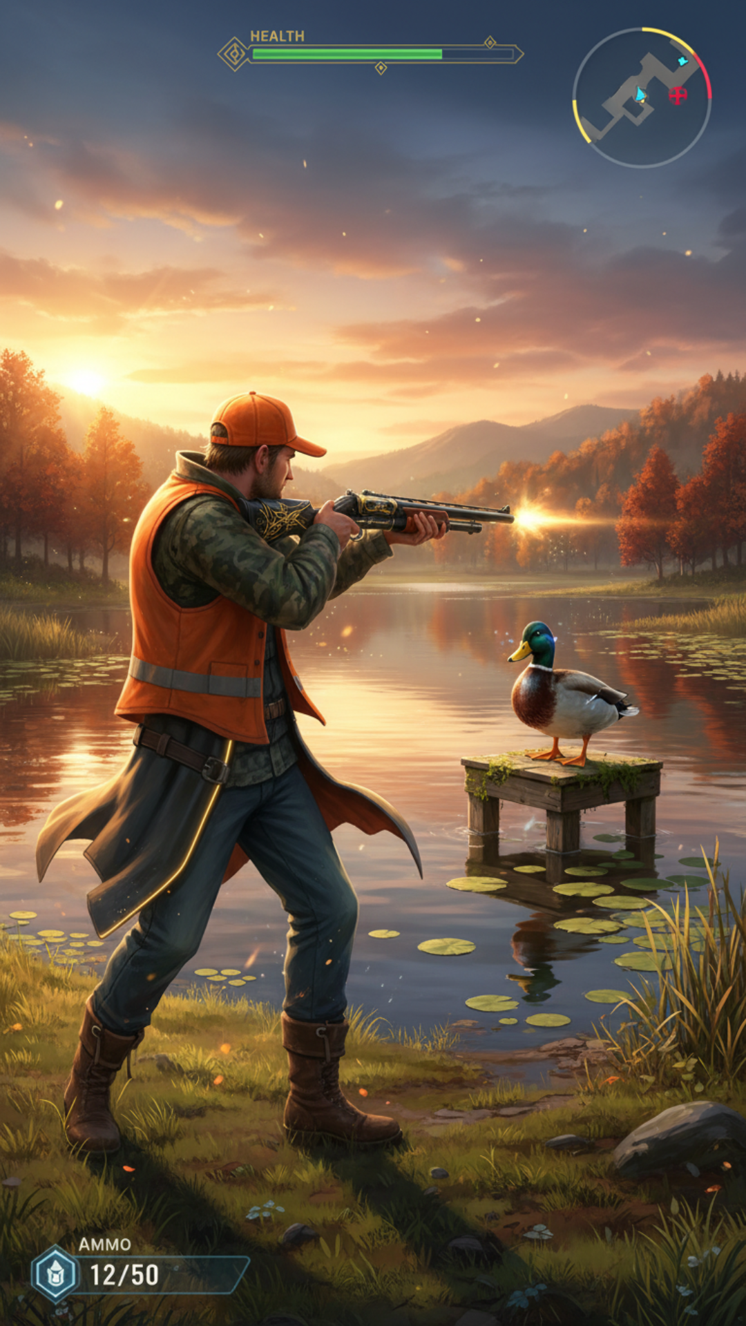 Create a photorealistic video game looking type scene of a hunter , a playable character in a duck hunt video game. You're creating three scenes. 1 The man is about to shoot at the duck stand in an aiming position (he doesnt shoot, no shooting ). Second scene, he hits the duck, the duck falls to the ground. He runs to go get it(zoom in here). Third scene, he shoots and misses, then the duck flies to him and attacks him. it must look like a game with the man positioned in middle of screen in 3rd person view the duck me be an actual duck , show the duck flying