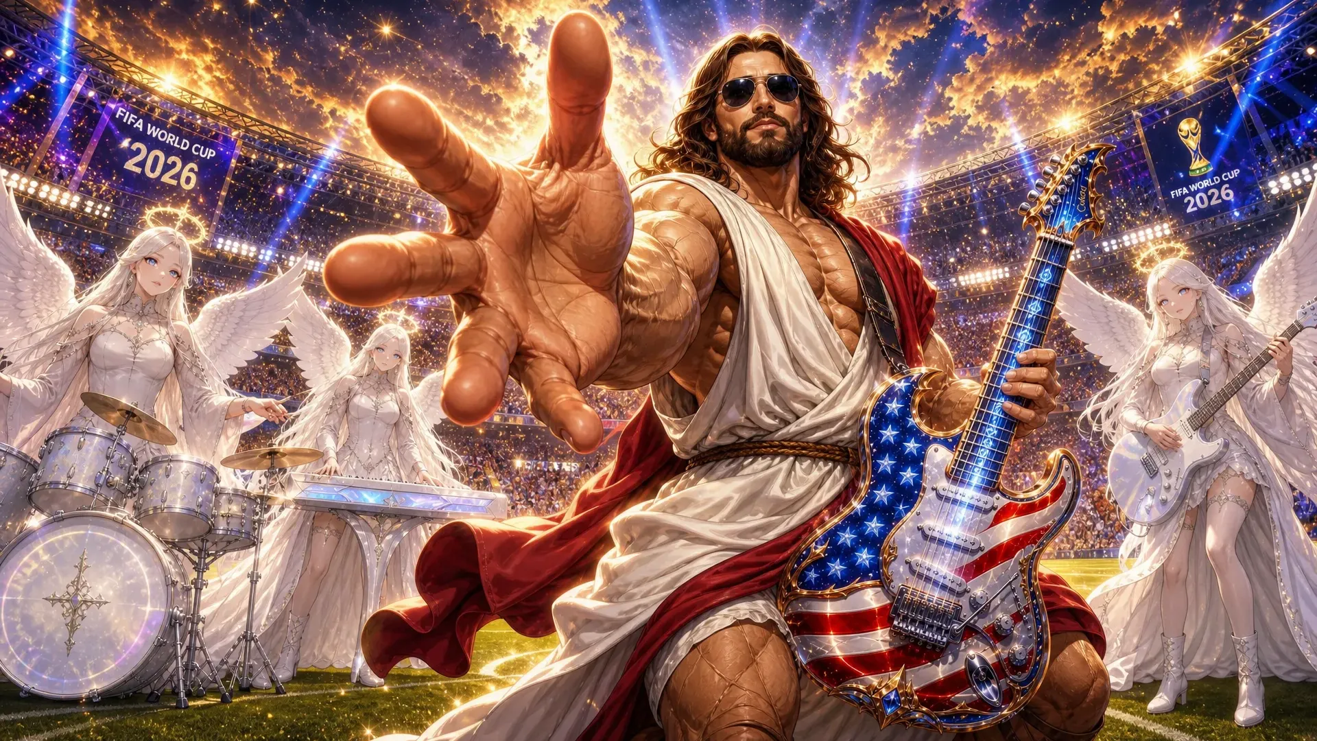 This is a highly passionate and energetic music Video with the topic being a very Muscular  and Huge jesus christ with a very big chest and massive arms appear in the world Cup staduim , on a stage the stage literally animmates from thing air in the stadium, then  a very Muscular  and Huge jesus christ is seen wearing his normal Robe garmet but with rebans glasses on and a usa all color heavenly guitar then he perfroms the intro of the song the crowd looks amazed in awe , some want to cry , then we me through the song with jesus in multiple scenario in a very high extreme intensional passion and extremely music and emotional high impact set of scenes as jesus came to perform this song in his quest for peace , external song will be added so this is in general a visual construction constraints for all multiple scenario scenes will be provided. JeSUS CHRIST has a guitar named Calibri(Guitar Calibri is all american flagged colored and has a heavenly look) song style from suno:'Arena rock anthem with a driving 4/4 beat at 130 BPM in the key of E major, Distorted electric guitars play palm-muted eighth-note power chords in the verses, opening up to sustained chords in the chorus, A prominent synth lead with a saw-wave texture doubles the vocal melody during the hook, The drums feature a heavy kick on every beat with a gated reverb snare on 2 and 4, A gritty bass guitar follows the kick drum pattern, Male vocals are delivered with a raspy, belt-style technique, supported by layered group harmonies in the chorus, The arrangement builds with rising synth risers and cymbal swells leading into the refrain' Scene 1: scene 1 this should have 3 stages , this will be an image with the outside of the stadium showing in a professional way and second shot should be a close up of the stage inside the staduim where jesus christ basically already half fazing in with his angelic band all (white scary looking and beautiful angels they have multi color filled eyes some have only bues hues etc some have all colors in eyes etc and look young and slender and long ) jesus christ half fazing in magically all white looking magic like whit beautifule shiny sandy dusts diamonds fazing in while holding his guitar and the rest of the band on their instrument they should be (3 angels) , then use the as a main as a main third stage jesus completely fades in then he starts singijng and dancing with his band emotionally and intensely , the beat just start and the instrument are going wild and the main attension is jesus christ here as he is doing a guitar solo intro the moment he is in view Scene 2: this has 3 stages he continues his guitar solo , finshes it then starts singing in the second stage he should walk close to the frame and sing to the frame very Upclose and personal (show he slightly far from the frame as a video model will be used on all scenes later as i would make the character walk to the frame then while sing for this scenario ) while he is singing i want realistic lo0king t rex dinosaurs to appear in with that white dust from the left and side of the stage these dinosaurs are all white colored and have gold hairs they have flours on their necks and are dancing intensely to the beats as they fazing in while jesus is still performing intensely Scene 3: he is still in the stadium performing the show and people in the crowd crying the jesus uses white dust and actually appears in Iran millary facility with mislles everywhere and small drones he is hovering and singing intensley while all of tarhanas soldiers all keeling just amazed in awe to see jesus all guns drop, jesus is still singing playing his guitar intensely with passion Scene 4: next He appears above new york on a beauitful spot in broadway singing intensely hovering , its afternoon and donald trump and president of china appear he looks at them while still playing his guitar as they acting like enemies , his face turns to a scary golden lion creation then they quickly hug (donald trump and chi jing ping) and jesus doing all this while still intensely playing his guitar and singing Scene 5: this now focusing on jesus as he is doing another solo in that same spot in newyork broadway but its evening time now there is heavy wind every where lights material and things things like around as the clouds get darker and thunder start striking in the skies all this while jesus still doing his guitar solo then at the end show a large silver rocket flying straight up into the skies with a big space X Logo on It Scene 6: Now Jesus Appears in The Stock Exchange and is singing intensley while money is every as all the stocks just keep going up people literally have money filling up the tables and blocking the way all numbers going up and jesus in the midel of this is sitted looking up and singing , then jeusu is seen performing and singing on skid row and the homeless people start getting clean white dust on their body each one of them a huge Gold bar magically appears in their hands Scene 7: next jesus is on a beach in Brazil , then Vladir mire putin and Zelenske of ukranie they appear he looks at them with that golden lionsih face again then they get scared and hugged themselves , then jesus stops playing for the first time as a boy was playing with a football then jesus starting playing football with the boy doing footstricks Scene 8: Here jesus hovers basically Up in the sky and he is back to playing his intrument and singing intensy he hovers so high every one could see him as he startied emitting light and it was dark , then jesus reach such intensity of the music he basic fazed himself into 6 places at once at the same time he was playing , locations in , africa, America, Australia, Asia, south america, Europe in all locations he was in while playing music massive proffits are being made money is coming in (like people have money running out of ther pockets cars and foods are replicating , houses are being replicated and given an heavenly look new stuctures are being created) Scene 9: then he finally goes back to the staduim in america it all started from his band is in the stage while he is on the field singing while still playing his trusted american flag colored guitar called 'Calibri ' and hamonizing with an heavenly choir as the are ending the somg as he plays the guitar in spaces and pauses they all scream [snare hits, full band enters] Ho! Ho! Ho! Ho!
Caption
