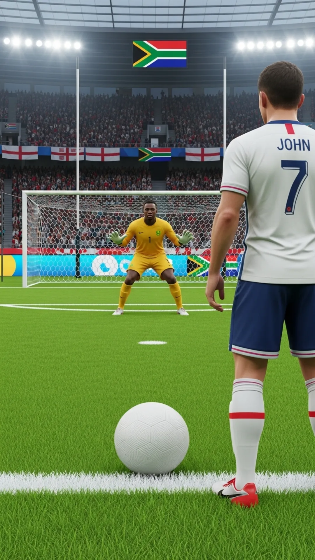 A Footballer(england) is about to take a penalty kick (3rd person video game style view with footballer's back to the frame) England vs SouthAfrica , he stands in front of the ball , he runs towards the ball about to kick right, e runs towards the ball about to kick it left