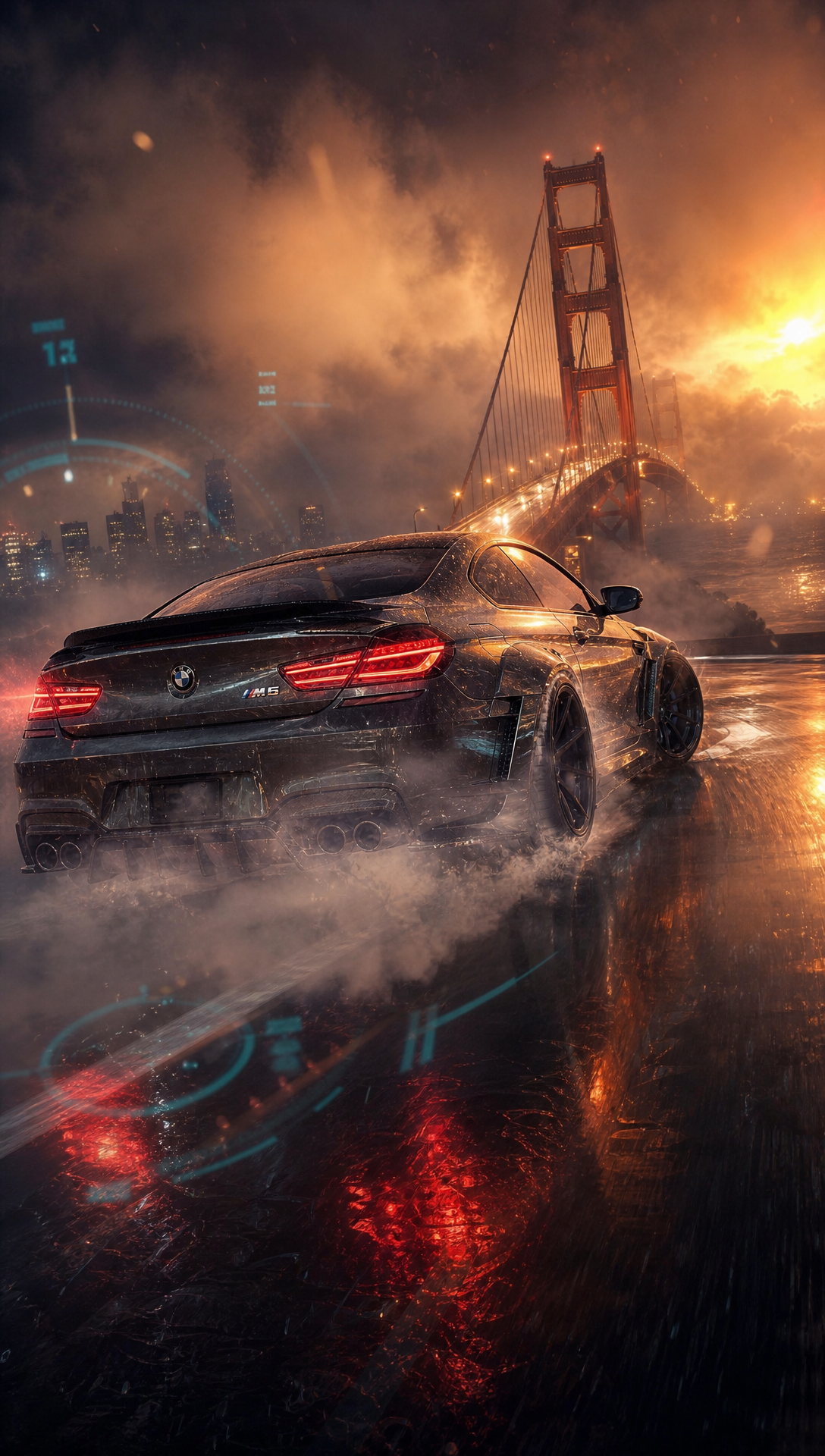 i want a nfs style racing game with the car being a Bmw M6 sport, i want to have the cover , the the car riding on the golden gate bridge , its riding faster on the bridge still , all this time we have cars moving on the other side of the road a massive truck then looses control and swerves in front of the driver the trucks is at the left of frame approaching the driver so driver must go left or right , left they survive the crash , right they fail and driver off the bridge