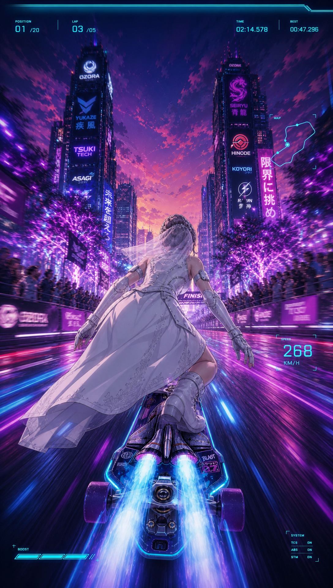 Update: 'chnage this from a sports arena to an outside sports event in a futuristic city so its still a sports event but its hosted ooutside in the city streets , this way having tress as an obstacle makes as there are treee evrywhere and this one just happens to cause the crash on the right railing ', Original prompt:'A third-person futuristic skateboarding racing video game, viewed from behind the character the entire time, set in a neon-filled outdoor sports arena in a cyberpunk city. A skilled skater rides a high-tech skateboard with visible nitro rocket boosters for speed bursts. Scene 1: the rider is at the starting line facing the track, ready to begin. Scene 2: he starts moving forward. Scene 3: he accelerates hard, nitro boosters activated, leaving glowing speed trails. Scene 4: he reaches a split rail section with grinding rails on both sides, where the right rail has dangerous tree branches growing into it as a visual warning. Scene 5: he chooses the right rail, begins grinding, hits the branches, and falls off. Scene 6: he jumps onto the left rail, grinds smoothly through the rails, then jumps off. Scene 7: he rides at full speed and crosses the finish line. The same futuristic neon sporting location continues through the whole sequence, with crowds cheering at the finish if he wins or booing if he fails. Cinematic, dynamic motion, sleek cyberpunk lighting, dramatic third-person gameplay feel, high-energy action, detailed environment, back view of the character, professional skate race atmosphere.'