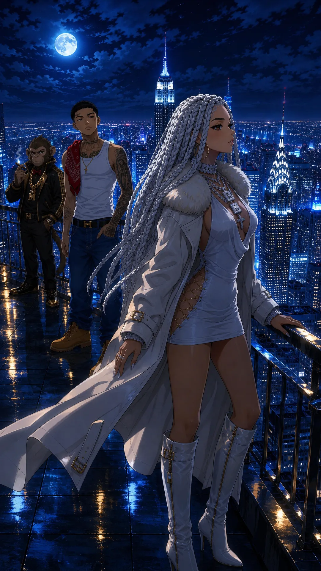 create this music video for me , THe main characters Dora (, light skin latino , rebelious classy lady with skinny build White Braided her usually where a fashionable coat, with a short skimpy dresss beneath, with Luxury high Boots, she usally where lots of dianond in form of chains on her neck ), Monkey Jabo is a Normal meduim sized monkey that works on two feet like a human being would and always has a chain on his neck , sometimes he where a jacket and watch and chain he is dORA'S bEst friend. then lastly Rio is a latino guy , who is the star of this and is singing about Dora (Rio is a slim build latino Guy who lloks like he was workig for the cartel he has taottos on his face and changes between cartel underlyn look to a suit sometimes ) the premise is he tried to save dora by husting but she made it on her own and is now helping him name of song 'GO DORA'
Scene 1: Rio and Dora on a roof top in newyork with chilling while money is looking over the city while leaning on the rail , then it zooms in to Rio Looking at the camera and singing , while dora is slightly in frame as she was close to him rio on his cartel out fit (white tank top red bandana jenas and timberland boots)
Scene 2: rio stands on taht Roof ToP and starts singing , with Dora still sitting down and Rio and Monkey rio on his cartel out fit (white tank top red bandana jenas and timberland boots) and singing and feeling them selves wakling stylishly singing as rio is singing money is behind feeling the song
Scene 3: Now this is a shot of 3 of them on aplane , start with Rio wallking in the plane dressed in A sharp suit , next he is sitting with Dora in the plane with rio to the left and dora to the right and then monkey actual on dora's laps smoking a cigar
Scene 4: Next 3 of them are in a all white get up and each of them wears a unique white jacket , Rio is Upsing while dora is now dancing to the song and Monkey is also there dancing feeling him slef like a boos tese are subltle hip hop style gandster moverments slowly moving and walking around to the song but during Rio is singing (Location a snowy Runied Looking Location they are on a helicopter with an luxury Helicopter Right behind them ), then show Rio driving a ferrari sider on a suburban street in the uk called wigan the ferrari is convertible with roof dropped so Rio is visble in the car
Scene 5: On this scene Rio is about to get i the helicoper while Dora is alreday o and visible , rio is singing to the camera walking to the helicopter in style while moneky is also on view with both hands up in the air next to the mountain lege make this close up high perpesctive shot , then show monkey intrude on the camera final and starts Bopping his head to the users like they should listen this is a close up shot
Scene 6: They at an African Village in Kenya , and Dora and dora is giving meals to school children , then they are at a youth tech innovation center dora created for youths in the usa beinging maga and democrats youth together, this will show dora and rio actually livig and how they spend their lives no singing from rio also add monkey in each of these scenes also helping out
Scene 7: THEY BOTH IS THIER MANSION AS Rio is by the side singing in his cartel clothing , while Dora is signing a guge deal with abunch of old men money is also sitted at the table wearing a Bow tie (no chain here), then next dora is standing and dances to rio with confidence in a sexy way
Scene 8: Dora and Rio climbing the empire state building with mokey far ahead in the lead, then the 2 of them satnd at the Top with monkey handing stylfully from the side of the structure , Rio and Dora hold ecah others hands
Scene 9: On the Top of the Tower Rio is sqauuted down looking at the camera, dora standing in a sexy way with MonEY next to her with arms Folded