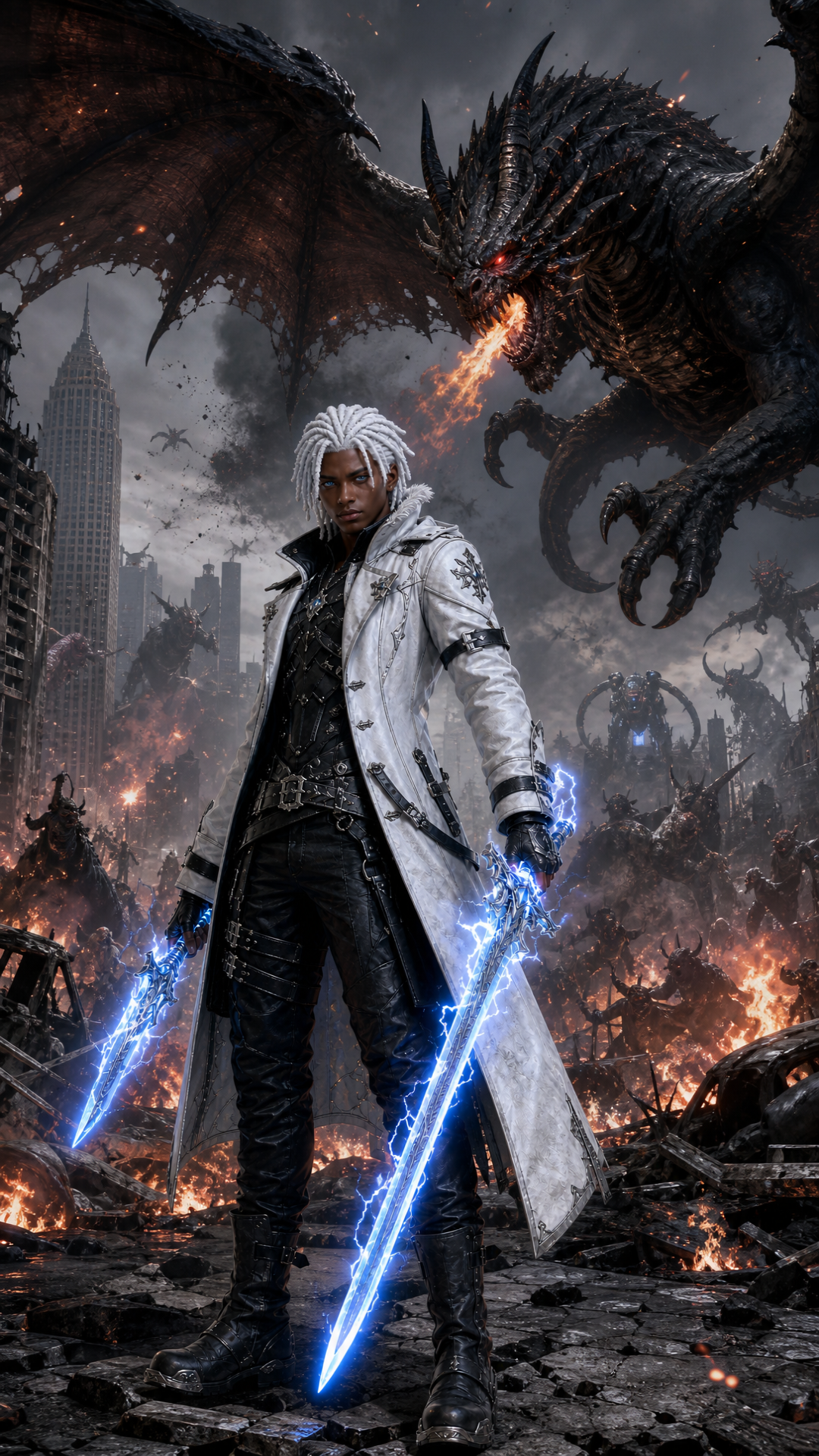 Full Story Synopsis: The Haven Chronicles
A meteor shower crashes onto Earth, but they are no ordinary space rocks. Instead, they carry demon-like invaders—orcish warlords, cyclops beasts, giant insects, and monstrous birds—who wreak havoc across New York City and beyond. Humanity is battered and overwhelmed, its armies crushed beneath a tide of darkness.
Yet from the desperate hearts of ordinary people, an ancient prophecy awakens: the Book of Love. This mystical tome bestows incredible powers on those brave enough to claim them, sparking a fierce resistance. A shockwave born from this awakening sends demons fleeing to the scorching southern lands, while scattering human survivors to icy refuges in the north.
In these frozen wilds, healing begins — and with it, the birth of Haven, a sanctuary of snowy white castles topped with gold and diamond, guarded by giant, rideable mythical beasts. Static, the electric swordsman with white dreads and a fierce white tiger companion, narrates the tale, guiding us through this shattered new world.
His closest allies, Flamez, a fire-wielder with a red griffin, and Tera, a luminous water(Glow) mage who conjures anything she can imagine take us deep into the heart of Haven’s struggle. Together, these heroes embody the fragile hope, fierce friendship, and unbreakable spirit needed to face the darkness once more.
The Haven Chronicles is the story of survival, sacrifice, and the power of unity in a world forever changed.
Scene 1
Beat 1
Flamez stands in the snowy park garden in haven(with live flowers in the snow), red griffin calmly beside him on the ground.
Flamez (playful, inviting): "Welcome to Haven it's beyond your wildest imagination"
Beat 2
Flamez mounts griffin and takes off soaring as Static watches Him FLY AWAY same location in the snowy park Garden in haven, electric swords glowing.
Static (serious, calm): "This world was forged in chaos. Let me tell you what we faced."
Scene 2
Beat 1
Static surveys a destroyed city new york city, swords crackling with electricity.
Static (grave): "Meteors didn’t just fall—they unleashed demons."
Beat 2
Cut to chaos in streets as Static surveys: jets crashing, soldiers defeated.
Static: "We fought... and nearly lost everything."
Scene 3
Beat 1
Static walks through scenes of scared humans in malls and churches, glowing light from their chests.
Static (soft): "Yet bravery lived, even in the ordinary."
Beat 2
Close-up on the glowing Book of Love pulsing softly.
Static: "The Book of Love unlocked our hidden strength."
Scene 4
Beat 1
Shockwave sends demons fleeing south.
Static (reflective): "The power drove demons to Earth’s fiery south."
Beat 2
Humans gather around campfires in snowy wilderness, healing wounds.
Static: "We scattered to the cold and learned to heal."
Scene 5
Beat 1
Haven’s white castles with golden and diamond roofs shining in snow.
Static (calm): "From ruins we built Haven—our sanctuary."
Beat 2
Riders on giant white tigers and griffins patrol snowy gardens.
Static: "Here, strength is found in unity."
Scene 6
Beat 1
Tera stands in a snowy garden, glowing water swirling around her hands, as a transparent, glowing wolf made of her light rests at her feet.
Tera (quiet, confident): "Glow is life. I craft warriors from light."
Beat 2
Seven translucent angelic warriors and her transparent, glowing wolf stand guard around Tera.
Tera: "Together, we protect Haven."
Scene 7
Beat 1
Flamez stands outside the grand arena with his red griffin beside him; his sword ignites with a fiery blaze.
Flamez (bold, fierce): "Fire burns the old away. I forge the new."
Beat 2
Flamez trains inside the arena alone, sword blazing.
Flamez: "My flame drives every fight."
Scene 8
Beat 1
Static stands at Haven’s massive gates, swords crossed.
Static (solemn): "We wait. We prepare."
Beat 2
Flamez and Tera join Static; the trio stands strong, ready.
Static: "The next battle is coming."
Scene 9
Beat 1
Wide shot of the trio overlooking snowy Haven.
Static (softly): "In this broken world, we found more..."
Beat 2
Close-up on faces—hopeful and determined.
Static: "Friendship. Hope. Power. Happiness." Character Descriptions
Static: A cute Black man with white dreads; an electric swordsman who narrates the tale and fights to protect Haven.
White Tiger: Static's fierce and loyal companion, a giant rideable white tiger who stands by his side. white devil may cry jacket two swords electric powers one short sword one long
Flamez: A cute fire-wielder with yellow hair, known for his blazing sword and playful spirit. Red devil may cry jacket one very long all black sword made of charcoal
Red Griffin: Flamez's companion, a majestic and powerful a giant rideable red griffin that soars through the snowy skies.
Tera: A cute, luminous sparkling TINY glass and Diamond's FILLED water (glow) mage who conjures anything she wants in form of Glow to fight alongside her. she is wearing all white usaullt a short white pleated skirt and a white and gray little red ridinghood type hood , her hood always down she also conjurs up a giant Giant hammer as that is her favorite weapon
Glowing Wolf: Tera's companion, a beautiful, transparent, and glowing a giant rideable wolf made entirely from her luminous sparkling TINY glass and Diamond's FILLED water(glow) .