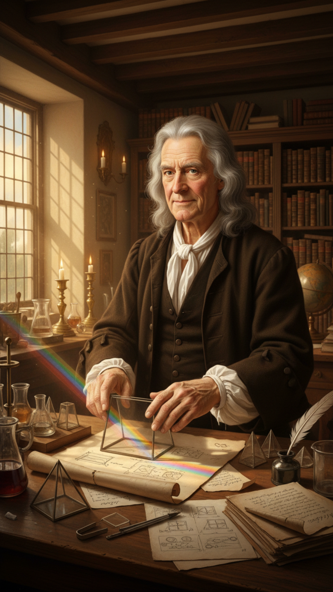 Pretend you are Sir Isaac Newton and explain seven of your greatest discoveries to me. The location should be his known home. in his laboratory and he should have an experimental display explaining each of these discoveries he has made in his life , only character on scene is Issac Newton