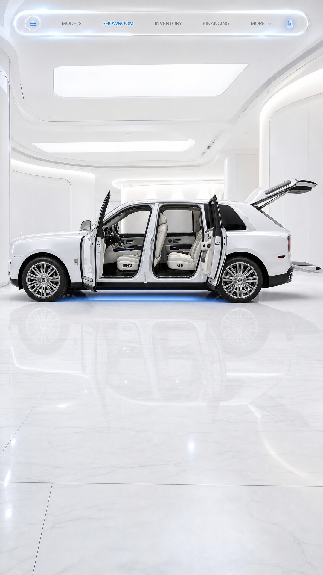 give me a show case of an all electric Bentley Cullinan as an interactive experience using my bentley character sheet (the look of this white bentley cullinan), it should be in an all white show room as the location
Scene 1: The car is the show room seen from the side (no start button here) but show one icon at the left side for starting up the car
Scene 2: the car with all doors and closed starts up and lights up with engine reving
Scene 3: show the front of the car ( the hood closed )
Scene 4: show the left side view of the car
Scene 5: show the back side of the car (the boot closed)
Scene 6: show the right side view of the car
Scene 7: show inside the car front seat driver side
Scene 8: show inside the car front seat passenger side
Scene 9: show inside the car after the car is on from the driver side with all ui indicarions and activate functional look of a rolls royce cullian dashboard