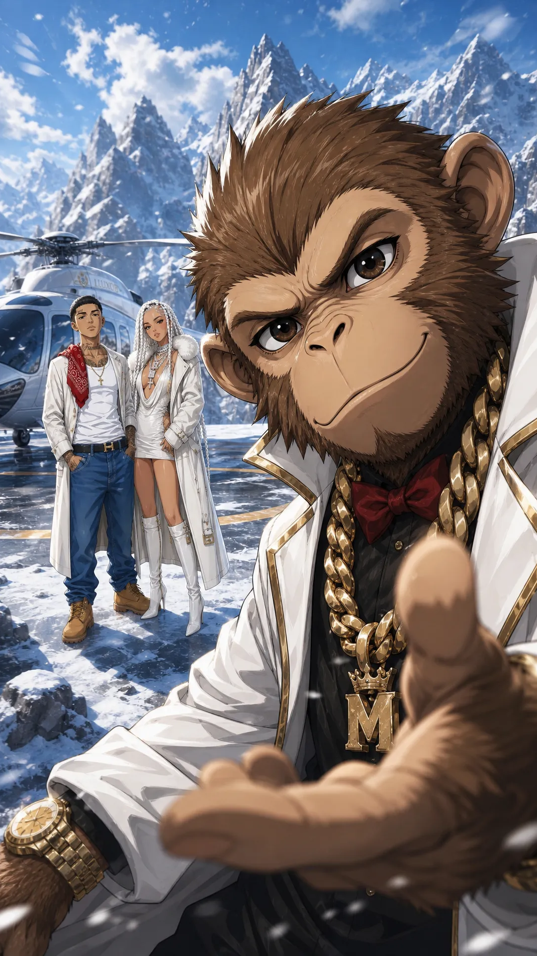 create this music video for me , THe main characters Dora (, light skin latino , rebelious classy lady with skinny build White Braided her usually where a fashionable coat, with a short skimpy dresss beneath, with Luxury high Boots, she usally where lots of dianond in form of chains on her neck ), Monkey Jabo is a Normal meduim sized monkey that works on two feet like a human being would and always has a chain on his neck , sometimes he where a jacket and watch and chain he is dORA'S bEst friend. then lastly Rio is a latino guy , who is the star of this and is singing about Dora (Rio is a slim build latino Guy who lloks like he was workig for the cartel he has taottos on his face and changes between cartel underlyn look to a suit sometimes ) the premise is he tried to save dora by husting but she made it on her own and is now helping him name of song 'GO DORA'
Scene 1: Rio and Dora on a roof top in newyork with chilling while money is looking over the city while leaning on the rail , then it zooms in to Rio Looking at the camera and singing , while dora is slightly in frame as she was close to him rio on his cartel out fit (white tank top red bandana jenas and timberland boots)
Scene 2: rio stands on taht Roof ToP and starts singing , with Dora still sitting down and Rio and Monkey rio on his cartel out fit (white tank top red bandana jenas and timberland boots) and singing and feeling them selves wakling stylishly singing as rio is singing money is behind feeling the song
Scene 3: Now this is a shot of 3 of them on aplane , start with Rio wallking in the plane dressed in A sharp suit , next he is sitting with Dora in the plane with rio to the left and dora to the right and then monkey actual on dora's laps smoking a cigar
Scene 4: Next 3 of them are in a all white get up and each of them wears a unique white jacket , Rio is Upsing while dora is now dancing to the song and Monkey is also there dancing feeling him slef like a boos tese are subltle hip hop style gandster moverments slowly moving and walking around to the song but during Rio is singing (Location a snowy Runied Looking Location they are on a helicopter with an luxury Helicopter Right behind them ), then show Rio driving a ferrari sider on a suburban street in the uk called wigan the ferrari is convertible with roof dropped so Rio is visble in the car
Scene 5: On this scene Rio is about to get i the helicoper while Dora is alreday o and visible , rio is singing to the camera walking to the helicopter in style while moneky is also on view with both hands up in the air next to the mountain lege make this close up high perpesctive shot , then show monkey intrude on the camera final and starts Bopping his head to the users like they should listen this is a close up shot
Scene 6: They at an African Village in Kenya , and Dora and dora is giving meals to school children , then they are at a youth tech innovation center dora created for youths in the usa beinging maga and democrats youth together, this will show dora and rio actually livig and how they spend their lives no singing from rio also add monkey in each of these scenes also helping out
Scene 7: THEY BOTH IS THIER MANSION AS Rio is by the side singing in his cartel clothing , while Dora is signing a guge deal with abunch of old men money is also sitted at the table wearing a Bow tie (no chain here), then next dora is standing and dances to rio with confidence in a sexy way
Scene 8: Dora and Rio climbing the empire state building with mokey far ahead in the lead, then the 2 of them satnd at the Top with monkey handing stylfully from the side of the structure , Rio and Dora hold ecah others hands
Scene 9: On the Top of the Tower Rio is sqauuted down looking at the camera, dora standing in a sexy way with MonEY next to her with arms Folded