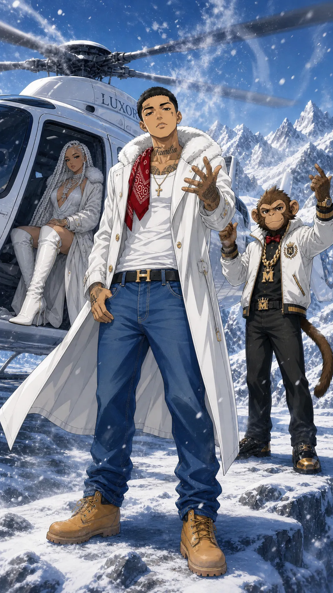 create this music video for me , THe main characters Dora (, light skin latino , rebelious classy lady with skinny build White Braided her usually where a fashionable coat, with a short skimpy dresss beneath, with Luxury high Boots, she usally where lots of dianond in form of chains on her neck ), Monkey Jabo is a Normal meduim sized monkey that works on two feet like a human being would and always has a chain on his neck , sometimes he where a jacket and watch and chain he is dORA'S bEst friend. then lastly Rio is a latino guy , who is the star of this and is singing about Dora (Rio is a slim build latino Guy who lloks like he was workig for the cartel he has taottos on his face and changes between cartel underlyn look to a suit sometimes ) the premise is he tried to save dora by husting but she made it on her own and is now helping him name of song 'GO DORA'
Scene 1: Rio and Dora on a roof top in newyork with chilling while money is looking over the city while leaning on the rail , then it zooms in to Rio Looking at the camera and singing , while dora is slightly in frame as she was close to him rio on his cartel out fit (white tank top red bandana jenas and timberland boots)
Scene 2: rio stands on taht Roof ToP and starts singing , with Dora still sitting down and Rio and Monkey rio on his cartel out fit (white tank top red bandana jenas and timberland boots) and singing and feeling them selves wakling stylishly singing as rio is singing money is behind feeling the song
Scene 3: Now this is a shot of 3 of them on aplane , start with Rio wallking in the plane dressed in A sharp suit , next he is sitting with Dora in the plane with rio to the left and dora to the right and then monkey actual on dora's laps smoking a cigar
Scene 4: Next 3 of them are in a all white get up and each of them wears a unique white jacket , Rio is Upsing while dora is now dancing to the song and Monkey is also there dancing feeling him slef like a boos tese are subltle hip hop style gandster moverments slowly moving and walking around to the song but during Rio is singing (Location a snowy Runied Looking Location they are on a helicopter with an luxury Helicopter Right behind them ), then show Rio driving a ferrari sider on a suburban street in the uk called wigan the ferrari is convertible with roof dropped so Rio is visble in the car
Scene 5: On this scene Rio is about to get i the helicoper while Dora is alreday o and visible , rio is singing to the camera walking to the helicopter in style while moneky is also on view with both hands up in the air next to the mountain lege make this close up high perpesctive shot , then show monkey intrude on the camera final and starts Bopping his head to the users like they should listen this is a close up shot
Scene 6: They at an African Village in Kenya , and Dora and dora is giving meals to school children , then they are at a youth tech innovation center dora created for youths in the usa beinging maga and democrats youth together, this will show dora and rio actually livig and how they spend their lives no singing from rio also add monkey in each of these scenes also helping out
Scene 7: THEY BOTH IS THIER MANSION AS Rio is by the side singing in his cartel clothing , while Dora is signing a guge deal with abunch of old men money is also sitted at the table wearing a Bow tie (no chain here), then next dora is standing and dances to rio with confidence in a sexy way
Scene 8: Dora and Rio climbing the empire state building with mokey far ahead in the lead, then the 2 of them satnd at the Top with monkey handing stylfully from the side of the structure , Rio and Dora hold ecah others hands
Scene 9: On the Top of the Tower Rio is sqauuted down looking at the camera, dora standing in a sexy way with MonEY next to her with arms Folded