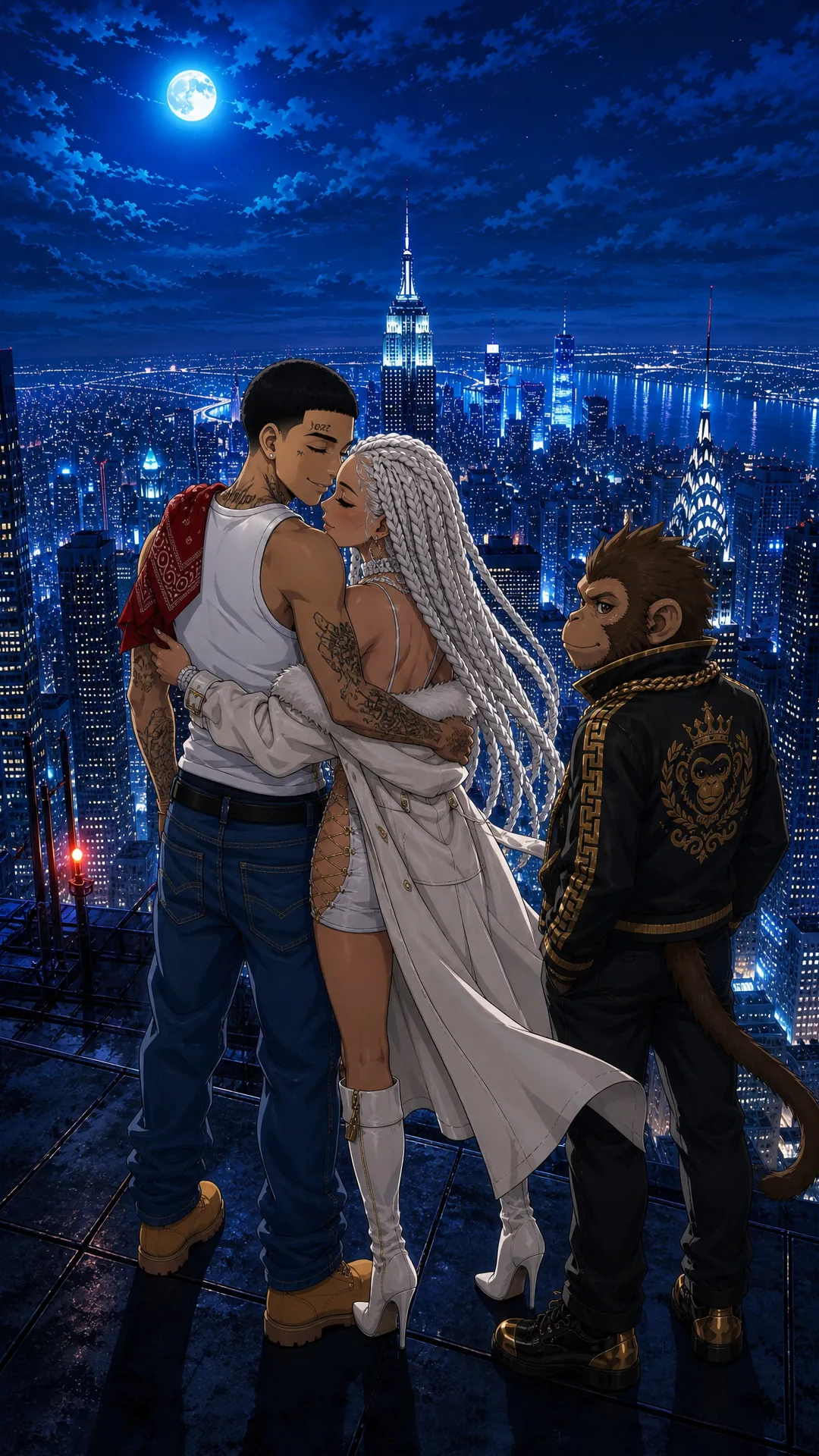 create this music video for me , THe main characters Dora (, light skin latino , rebelious classy lady with skinny build White Braided her usually where a fashionable coat, with a short skimpy dresss beneath, with Luxury high Boots, she usally where lots of dianond in form of chains on her neck ), Monkey Jabo is a Normal meduim sized monkey that works on two feet like a human being would and always has a chain on his neck , sometimes he where a jacket and watch and chain he is dORA'S bEst friend. then lastly Rio is a latino guy , who is the star of this and is singing about Dora (Rio is a slim build latino Guy who lloks like he was workig for the cartel he has taottos on his face and changes between cartel underlyn look to a suit sometimes ) the premise is he tried to save dora by husting but she made it on her own and is now helping him name of song 'GO DORA'
Scene 1: Rio and Dora on a roof top in newyork with chilling while money is looking over the city while leaning on the rail , then it zooms in to Rio Looking at the camera and singing , while dora is slightly in frame as she was close to him rio on his cartel out fit (white tank top red bandana jenas and timberland boots)
Scene 2: rio stands on taht Roof ToP and starts singing , with Dora still sitting down and Rio and Monkey rio on his cartel out fit (white tank top red bandana jenas and timberland boots) and singing and feeling them selves wakling stylishly singing as rio is singing money is behind feeling the song
Scene 3: Now this is a shot of 3 of them on aplane , start with Rio wallking in the plane dressed in A sharp suit , next he is sitting with Dora in the plane with rio to the left and dora to the right and then monkey actual on dora's laps smoking a cigar
Scene 4: Next 3 of them are in a all white get up and each of them wears a unique white jacket , Rio is Upsing while dora is now dancing to the song and Monkey is also there dancing feeling him slef like a boos tese are subltle hip hop style gandster moverments slowly moving and walking around to the song but during Rio is singing (Location a snowy Runied Looking Location they are on a helicopter with an luxury Helicopter Right behind them ), then show Rio driving a ferrari sider on a suburban street in the uk called wigan the ferrari is convertible with roof dropped so Rio is visble in the car
Scene 5: On this scene Rio is about to get i the helicoper while Dora is alreday o and visible , rio is singing to the camera walking to the helicopter in style while moneky is also on view with both hands up in the air next to the mountain lege make this close up high perpesctive shot , then show monkey intrude on the camera final and starts Bopping his head to the users like they should listen this is a close up shot
Scene 6: They at an African Village in Kenya , and Dora and dora is giving meals to school children , then they are at a youth tech innovation center dora created for youths in the usa beinging maga and democrats youth together, this will show dora and rio actually livig and how they spend their lives no singing from rio also add monkey in each of these scenes also helping out
Scene 7: THEY BOTH IS THIER MANSION AS Rio is by the side singing in his cartel clothing , while Dora is signing a guge deal with abunch of old men money is also sitted at the table wearing a Bow tie (no chain here), then next dora is standing and dances to rio with confidence in a sexy way
Scene 8: Dora and Rio climbing the empire state building with mokey far ahead in the lead, then the 2 of them satnd at the Top with monkey handing stylfully from the side of the structure , Rio and Dora hold ecah others hands
Scene 9: On the Top of the Tower Rio is sqauuted down looking at the camera, dora standing in a sexy way with MonEY next to her with arms Folded