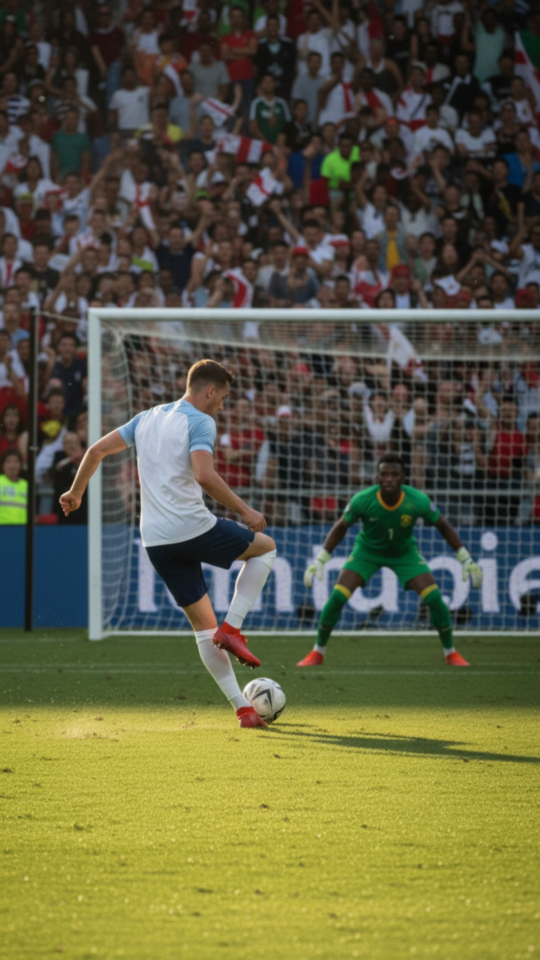 A Footballer(england) is about to take a penalty kick (3rd person video game style view with footballer's back to the frame) England vs SouthAfrica , he stands in front of the ball , he runs towards the ball about to kick right, e runs towards the ball about to kick it left