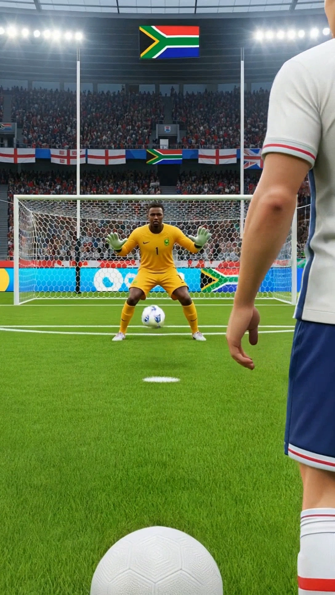 A Footballer(england) is about to take a penalty kick (3rd person video game style view with footballer's back to the frame) England vs SouthAfrica , he stands in front of the ball , he runs towards the ball about to kick right, e runs towards the ball about to kick it left