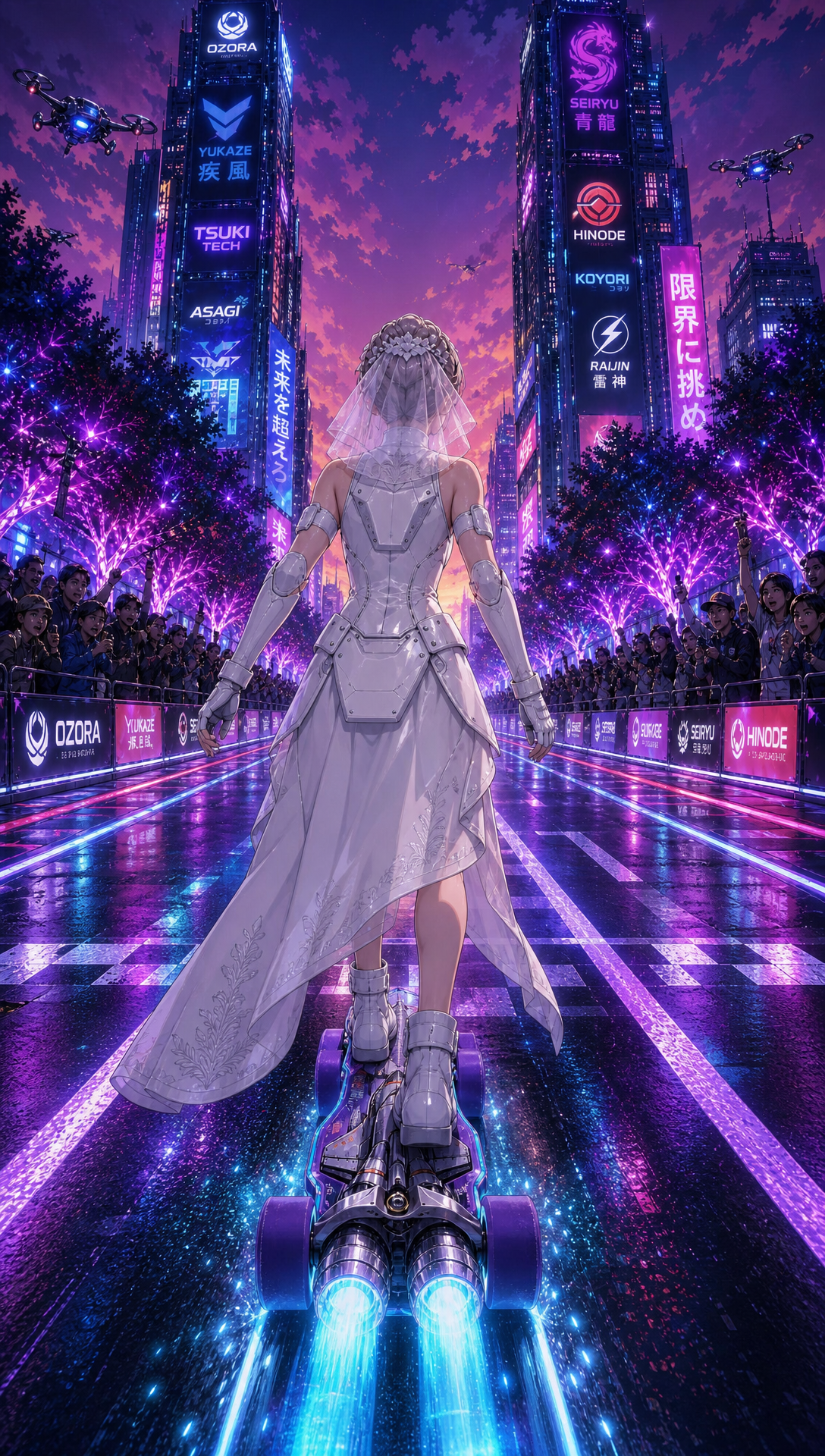 Update: 'chnage this from a sports arena to an outside sports event in a futuristic city so its still a sports event but its hosted ooutside in the city streets , this way having tress as an obstacle makes as there are treee evrywhere and this one just happens to cause the crash on the right railing ', Original prompt:'A third-person futuristic skateboarding racing video game, viewed from behind the character the entire time, set in a neon-filled outdoor sports arena in a cyberpunk city. A skilled skater rides a high-tech skateboard with visible nitro rocket boosters for speed bursts. Scene 1: the rider is at the starting line facing the track, ready to begin. Scene 2: he starts moving forward. Scene 3: he accelerates hard, nitro boosters activated, leaving glowing speed trails. Scene 4: he reaches a split rail section with grinding rails on both sides, where the right rail has dangerous tree branches growing into it as a visual warning. Scene 5: he chooses the right rail, begins grinding, hits the branches, and falls off. Scene 6: he jumps onto the left rail, grinds smoothly through the rails, then jumps off. Scene 7: he rides at full speed and crosses the finish line. The same futuristic neon sporting location continues through the whole sequence, with crowds cheering at the finish if he wins or booing if he fails. Cinematic, dynamic motion, sleek cyberpunk lighting, dramatic third-person gameplay feel, high-energy action, detailed environment, back view of the character, professional skate race atmosphere.'