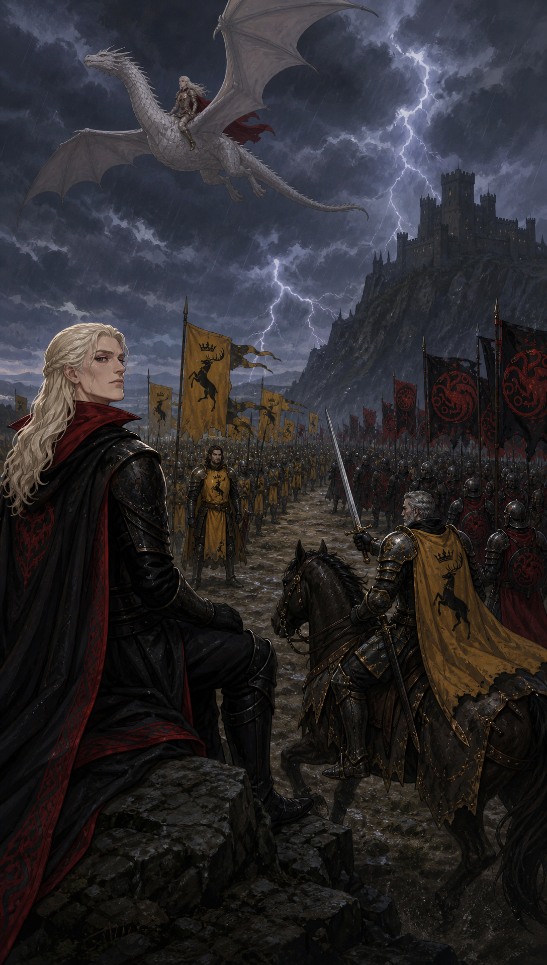 Update: 'show aegon before he started the war , then show the war what he cononquered in order and shwo the fianl boss fight scenes , then show him ruling and show his fsmily give hime personality a flambotant charcter adn show his sisters at relavnt part in cannon like i said check online
', Original prompt:'check online for actual story MAKE THIS A CINEMATIC STORY BEING NARRATED BY AEGON HIMSELF reflecting step by step and explaining his actions this is a draft -> The story world is Westeros during the era of Aegon the Conqueror’s unification of the Seven Kingdoms. The continent is fractured into multiple independent kingdoms plagued by centuries of bloodfeuds and warfare, each ruled by a lord entrenched in their own power struggles. Aegon Targaryen, a prince born of dragon blood, arrives with his two sister-wives, Visenya and Rhaenys, each bonded to massive dragons named Balerion, Vhagar, and Meraxes. These dragons are living weapons of immense power, capable of melting stone walls and darkening the skies with their wings.
The tone is epic, legendary, and primal, with themes of fire, war, conquest, unity forged from destruction, and the rise of a new order. The story arc follows Aegon’s campaign: the decisive destruction of Storm’s End and the death of King Argilac symbolizing the shattering of old powers; the pivotal Field of Fire where coalition armies are devastated by dragons; and the ultimate forging of a united realm under Aegon’s rule. The Iron Throne is a forged artifact from the swords of defeated foes, symbolizing brutal conquest but also the beginning of centralized governance. male sure to add the children Aegon Targaryen, had and what they became, who rulled next
The world’s rules emphasize the overwhelming dominance of dragons in warfare—sieges and armies alone cannot stand against them—and the interplay of political calculation where submission ensures survival. Aegon’s rule combines fearsome power with political wisdom, including reconciliation of rival houses and establishment of a new capital, King’s Landing. check online for actual story amd end with the next Ruler on the thrown '