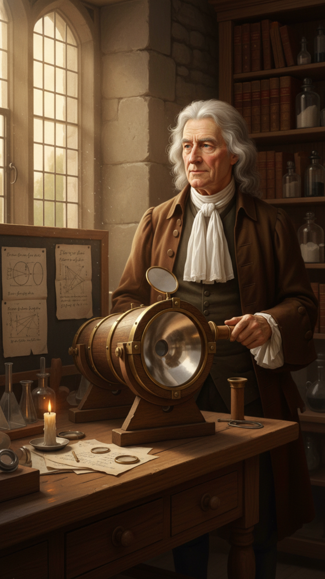 Pretend you are Sir Isaac Newton and explain seven of your greatest discoveries to me. The location should be his known home. in his laboratory and he should have an experimental display explaining each of these discoveries he has made in his life , only character on scene is Issac Newton