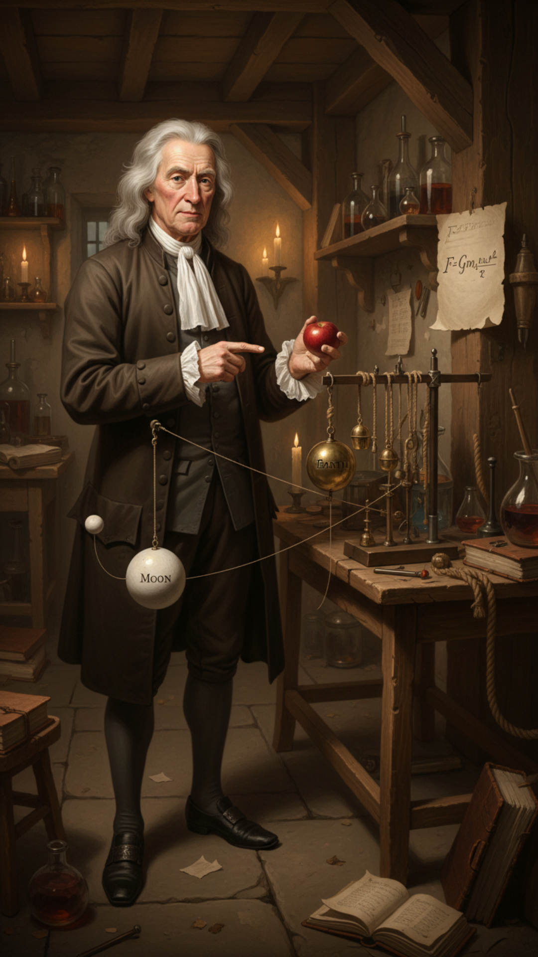 Pretend you are Sir Isaac Newton and explain seven of your greatest discoveries to me. The location should be his known home. in his laboratory and he should have an experimental display explaining each of these discoveries he has made in his life , only character on scene is Issac Newton