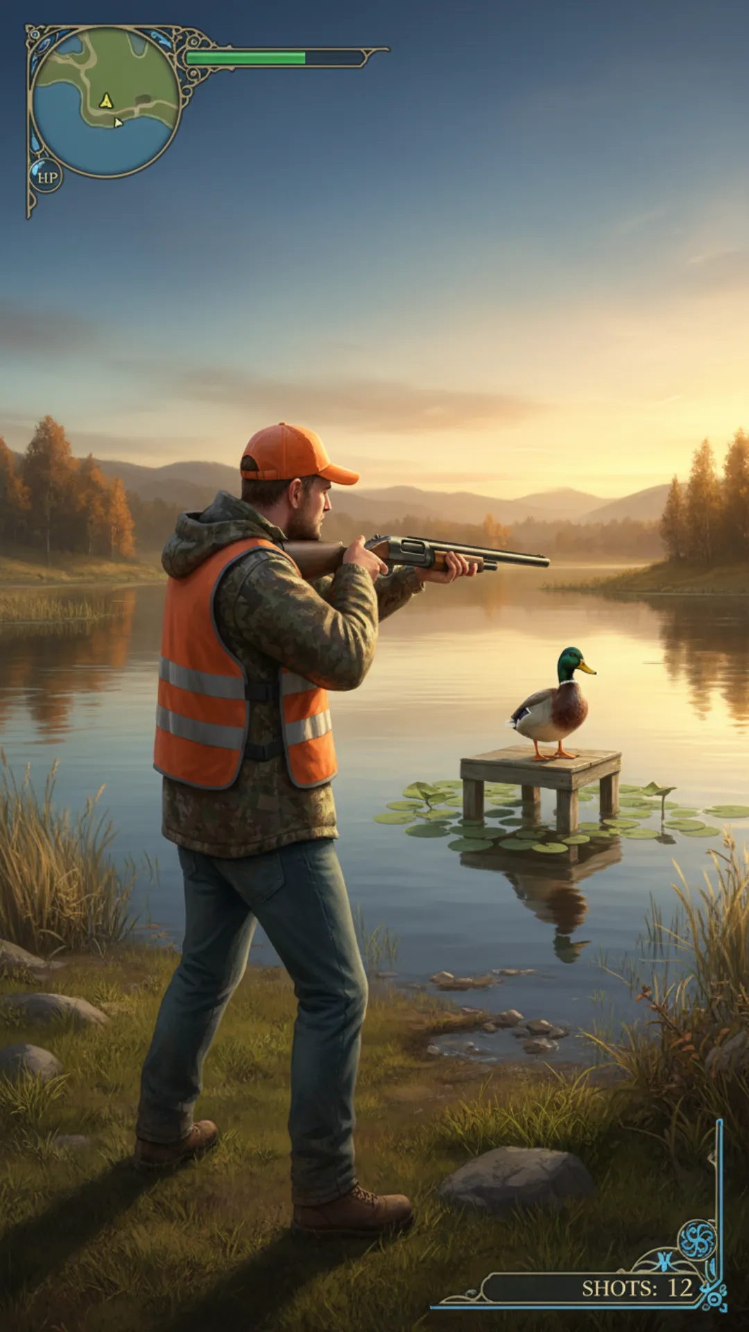 Create a photorealistic video game looking type scene of a hunter , a playable character in a duck hunt video game. You're creating three scenes. 1 The man is about to shoot at the duck stand in an aiming position (he doesnt shoot, no shooting ). Second scene, he hits the duck, the duck falls to the ground. He runs to go get it(zoom in here). Third scene, he shoots and misses, then the duck flies to him and attacks him. it must look like a game with the man positioned in middle of screen in 3rd person view the duck me be an actual duck , show the duck flying