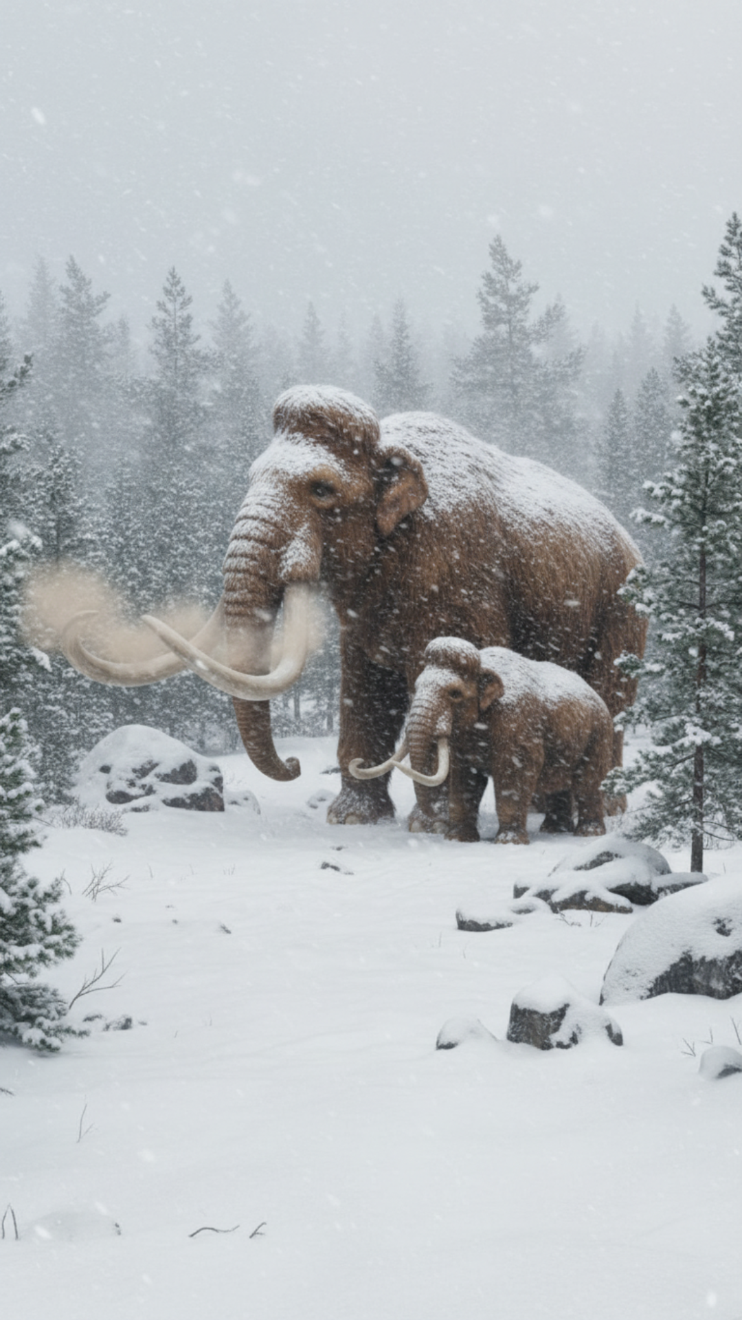 Topic is woolymamoth , show the mamoth in a display with a white background left side show some of the food it normally eats , right side show a tiny mini replica of the mamoth habitat both on the floor in this display , next mammoth eating the food refrenced earlier and last image mammoth entering the habitat we refrenced earlier on scene two change environment to by the river from model at night time , on scene 3 change environment to where the mamoth sleeps with its mamoth family