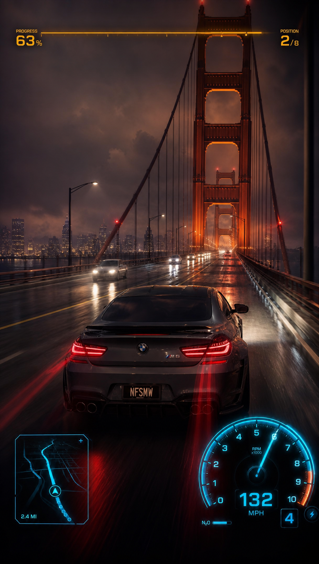 i want a nfs style racing game with the car being a Bmw M6 sport, i want to have the cover , the the car riding on the golden gate bridge , its riding faster on the bridge still , all this time we have cars moving on the other side of the road a massive truck then looses control and swerves in front of the driver the trucks is at the left of frame approaching the driver so driver must go left or right , left they survive the crash , right they fail and driver off the bridge