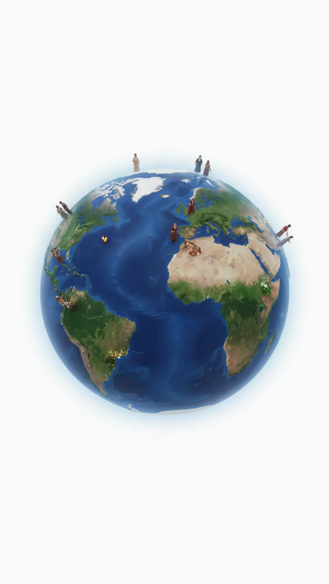 Give me an animated model of Earth, suspended in a white background environment. I want to see the polar ice caps and the climate change from its natural look to the various increase in the use of fossil fuels up to the current state today. So on these different versions of the globe, you need to visualize the people who lived on it, put a few people with the clothing of that era. Visualize the Arctic, the ice poles, North and South. I want to see how the water melts and also visualize the industrial usage of different equipments like cars, machinery. I want to see on the globe as they increase and visualize the effect it has on the climate on the globe from the start to the current stage we are now in climate, in the climate disaster. Make it visual, explain the changes to the earths atmosphere and climate overtime, make it educational