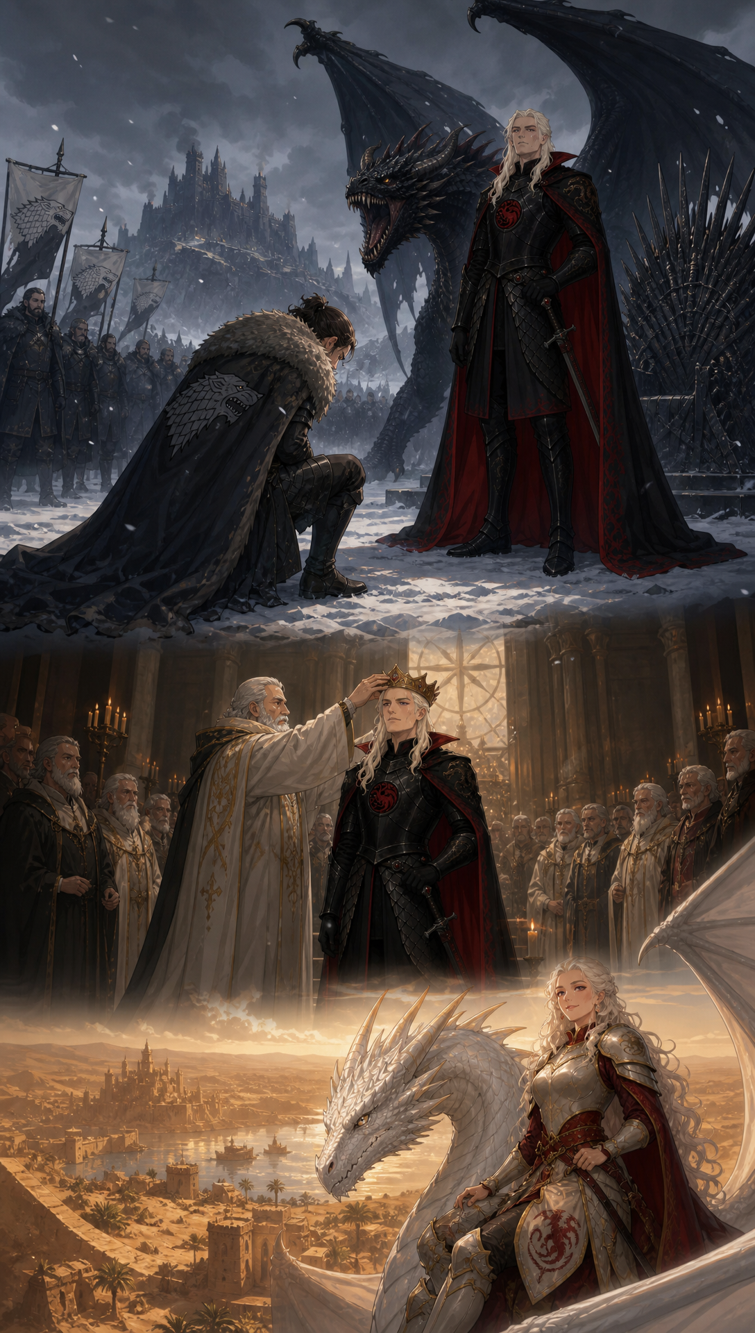 Update: 'show aegon before he started the war , then show the war what he cononquered in order and shwo the fianl boss fight scenes , then show him ruling and show his fsmily give hime personality a flambotant charcter adn show his sisters at relavnt part in cannon like i said check online
', Original prompt:'check online for actual story MAKE THIS A CINEMATIC STORY BEING NARRATED BY AEGON HIMSELF reflecting step by step and explaining his actions this is a draft -> The story world is Westeros during the era of Aegon the Conqueror’s unification of the Seven Kingdoms. The continent is fractured into multiple independent kingdoms plagued by centuries of bloodfeuds and warfare, each ruled by a lord entrenched in their own power struggles. Aegon Targaryen, a prince born of dragon blood, arrives with his two sister-wives, Visenya and Rhaenys, each bonded to massive dragons named Balerion, Vhagar, and Meraxes. These dragons are living weapons of immense power, capable of melting stone walls and darkening the skies with their wings.
The tone is epic, legendary, and primal, with themes of fire, war, conquest, unity forged from destruction, and the rise of a new order. The story arc follows Aegon’s campaign: the decisive destruction of Storm’s End and the death of King Argilac symbolizing the shattering of old powers; the pivotal Field of Fire where coalition armies are devastated by dragons; and the ultimate forging of a united realm under Aegon’s rule. The Iron Throne is a forged artifact from the swords of defeated foes, symbolizing brutal conquest but also the beginning of centralized governance. male sure to add the children Aegon Targaryen, had and what they became, who rulled next
The world’s rules emphasize the overwhelming dominance of dragons in warfare—sieges and armies alone cannot stand against them—and the interplay of political calculation where submission ensures survival. Aegon’s rule combines fearsome power with political wisdom, including reconciliation of rival houses and establishment of a new capital, King’s Landing. check online for actual story amd end with the next Ruler on the thrown '