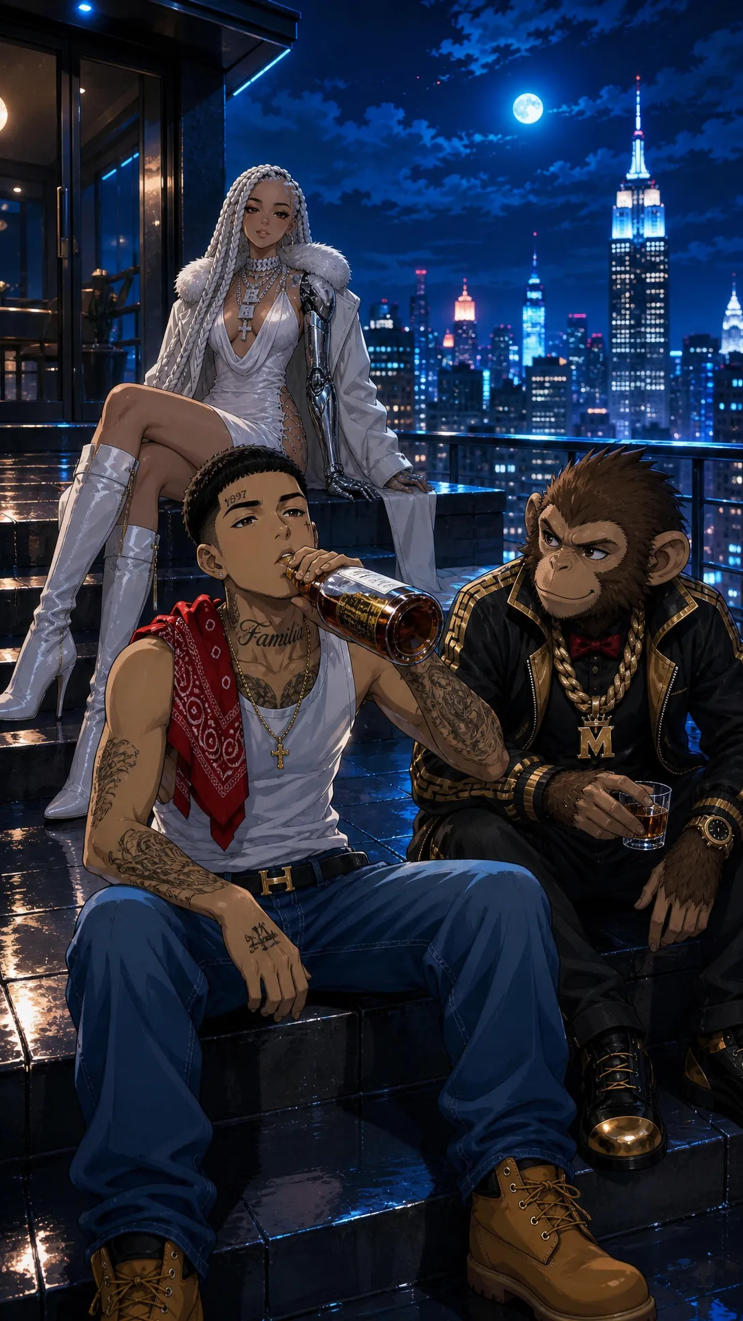 create this music video for me , THe main characters Dora (, light skin latino , rebelious classy lady with skinny build White Braided her usually where a fashionable coat, with a short skimpy dresss beneath, with Luxury high Boots, she usally where lots of dianond in form of chains on her neck ), Monkey Jabo is a Normal meduim sized monkey that works on two feet like a human being would and always has a chain on his neck , sometimes he where a jacket and watch and chain he is dORA'S bEst friend. then lastly Rio is a latino guy , who is the star of this and is singing about Dora (Rio is a slim build latino Guy who lloks like he was workig for the cartel he has taottos on his face and changes between cartel underlyn look to a suit sometimes ) the premise is he tried to save dora by husting but she made it on her own and is now helping him name of song 'GO DORA'
Scene 1: Rio and Dora on a roof top in newyork with chilling while money is looking over the city while leaning on the rail , then it zooms in to Rio Looking at the camera and singing , while dora is slightly in frame as she was close to him rio on his cartel out fit (white tank top red bandana jenas and timberland boots)
Scene 2: rio stands on taht Roof ToP and starts singing , with Dora still sitting down and Rio and Monkey rio on his cartel out fit (white tank top red bandana jenas and timberland boots) and singing and feeling them selves wakling stylishly singing as rio is singing money is behind feeling the song
Scene 3: Now this is a shot of 3 of them on aplane , start with Rio wallking in the plane dressed in A sharp suit , next he is sitting with Dora in the plane with rio to the left and dora to the right and then monkey actual on dora's laps smoking a cigar
Scene 4: Next 3 of them are in a all white get up and each of them wears a unique white jacket , Rio is Upsing while dora is now dancing to the song and Monkey is also there dancing feeling him slef like a boos tese are subltle hip hop style gandster moverments slowly moving and walking around to the song but during Rio is singing (Location a snowy Runied Looking Location they are on a helicopter with an luxury Helicopter Right behind them ), then show Rio driving a ferrari sider on a suburban street in the uk called wigan the ferrari is convertible with roof dropped so Rio is visble in the car
Scene 5: On this scene Rio is about to get i the helicoper while Dora is alreday o and visible , rio is singing to the camera walking to the helicopter in style while moneky is also on view with both hands up in the air next to the mountain lege make this close up high perpesctive shot , then show monkey intrude on the camera final and starts Bopping his head to the users like they should listen this is a close up shot
Scene 6: They at an African Village in Kenya , and Dora and dora is giving meals to school children , then they are at a youth tech innovation center dora created for youths in the usa beinging maga and democrats youth together, this will show dora and rio actually livig and how they spend their lives no singing from rio also add monkey in each of these scenes also helping out
Scene 7: THEY BOTH IS THIER MANSION AS Rio is by the side singing in his cartel clothing , while Dora is signing a guge deal with abunch of old men money is also sitted at the table wearing a Bow tie (no chain here), then next dora is standing and dances to rio with confidence in a sexy way
Scene 8: Dora and Rio climbing the empire state building with mokey far ahead in the lead, then the 2 of them satnd at the Top with monkey handing stylfully from the side of the structure , Rio and Dora hold ecah others hands
Scene 9: On the Top of the Tower Rio is sqauuted down looking at the camera, dora standing in a sexy way with MonEY next to her with arms Folded