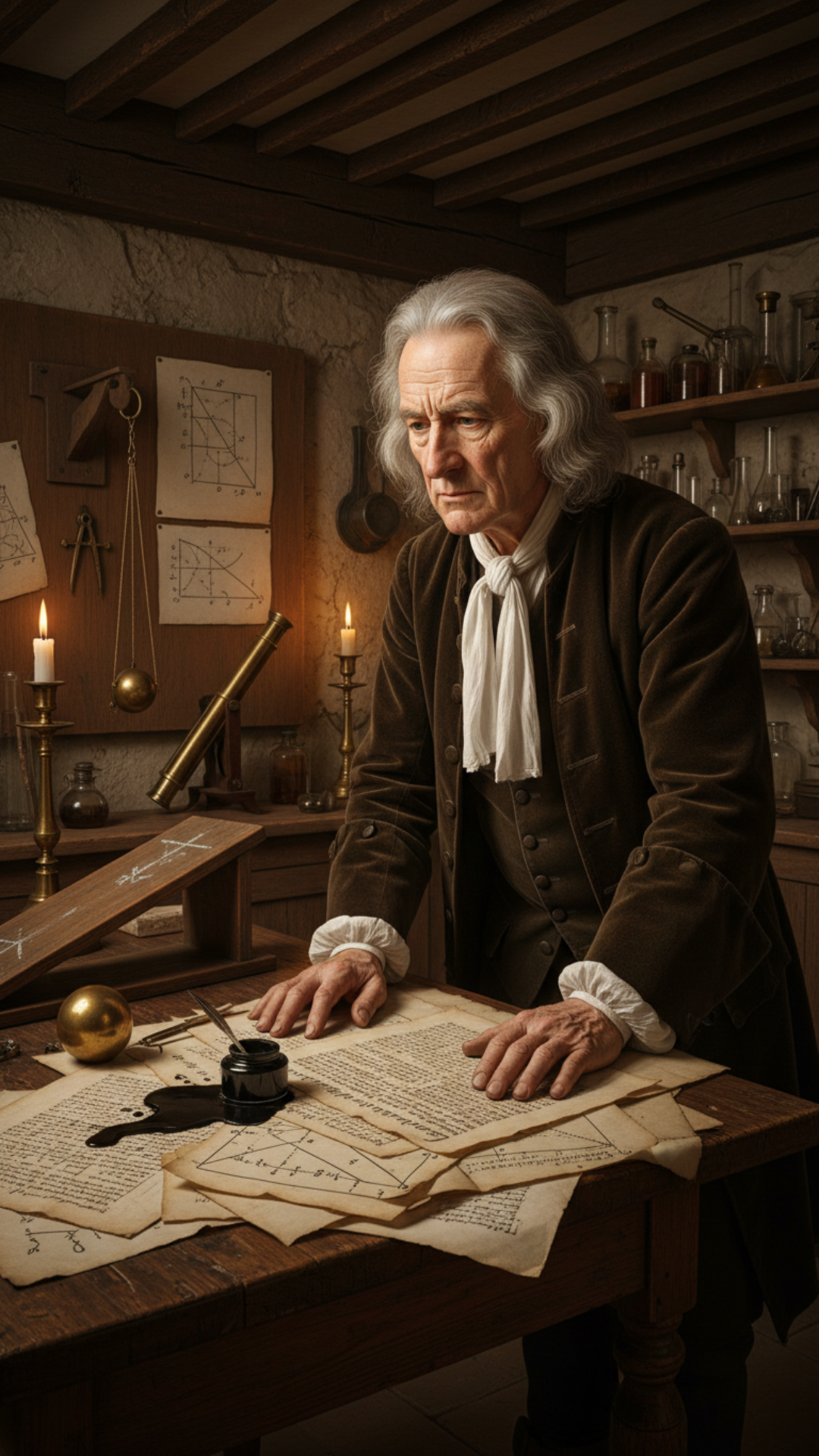 Pretend you are Sir Isaac Newton and explain seven of your greatest discoveries to me. The location should be his known home. in his laboratory and he should have an experimental display explaining each of these discoveries he has made in his life , only character on scene is Issac Newton