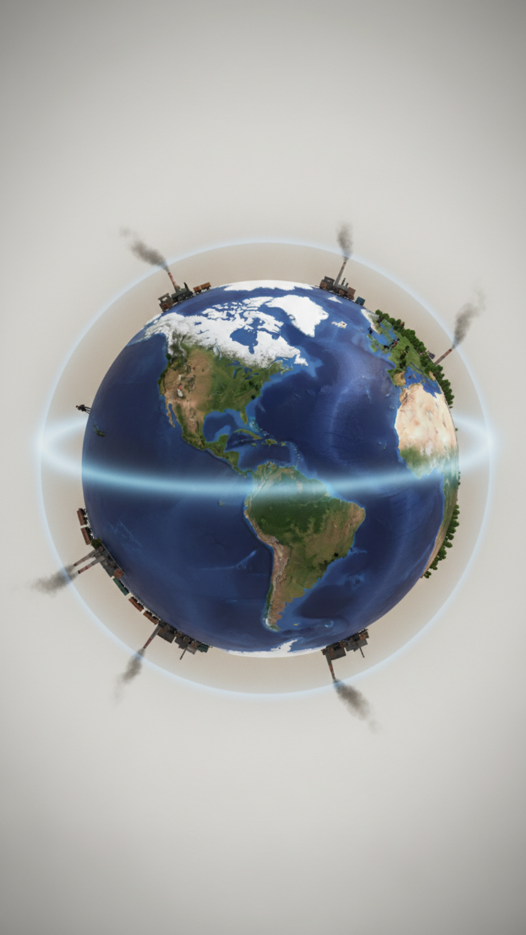 Give me an animated model of Earth, suspended in a white background environment. I want to see the polar ice caps and the climate change from its natural look to the various increase in the use of fossil fuels up to the current state today. So on these different versions of the globe, you need to visualize the people who lived on it, put a few people with the clothing of that era. Visualize the Arctic, the ice poles, North and South. I want to see how the water melts and also visualize the industrial usage of different equipments like cars, machinery. I want to see on the globe as they increase and visualize the effect it has on the climate on the globe from the start to the current stage we are now in climate, in the climate disaster. Make it visual, explain the changes to the earths atmosphere and climate overtime, make it educational