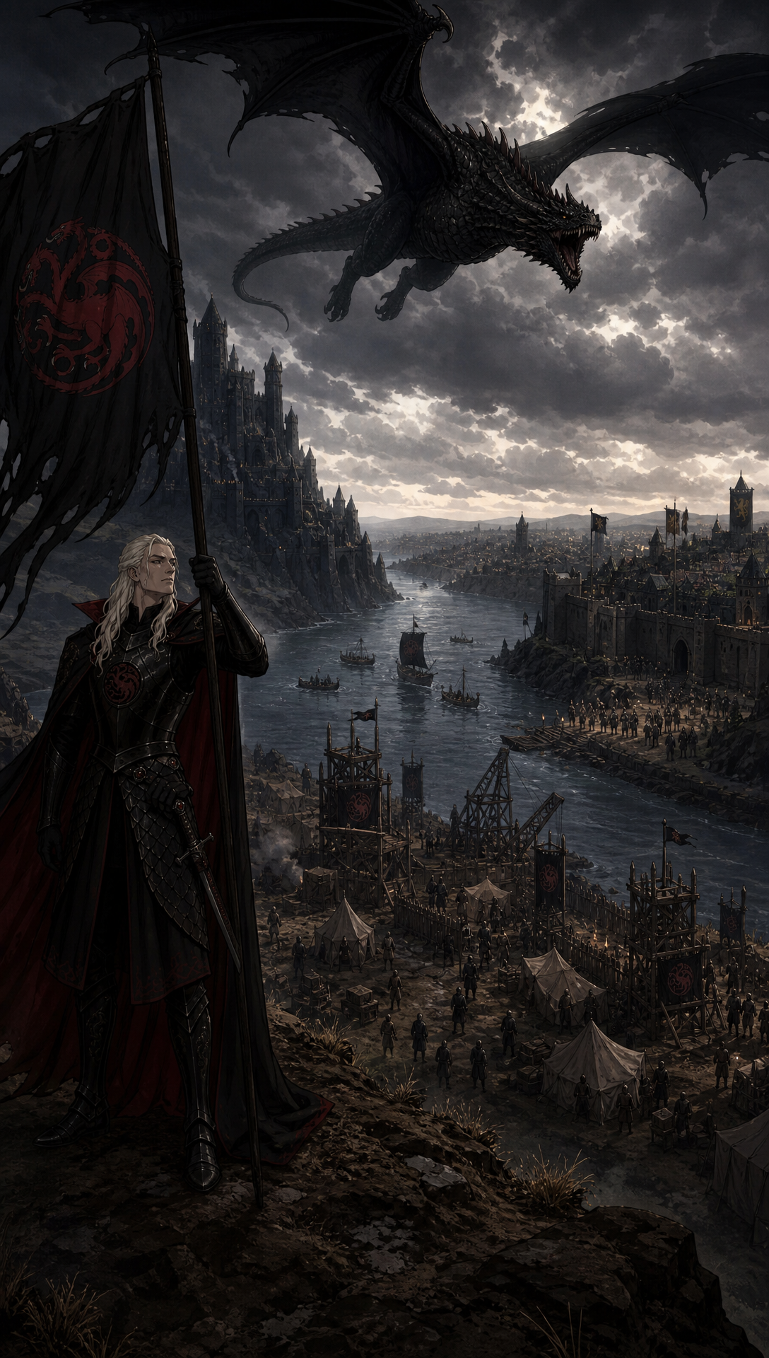Update: 'show aegon before he started the war , then show the war what he cononquered in order and shwo the fianl boss fight scenes , then show him ruling and show his fsmily give hime personality a flambotant charcter adn show his sisters at relavnt part in cannon like i said check online
', Original prompt:'check online for actual story MAKE THIS A CINEMATIC STORY BEING NARRATED BY AEGON HIMSELF reflecting step by step and explaining his actions this is a draft -> The story world is Westeros during the era of Aegon the Conqueror’s unification of the Seven Kingdoms. The continent is fractured into multiple independent kingdoms plagued by centuries of bloodfeuds and warfare, each ruled by a lord entrenched in their own power struggles. Aegon Targaryen, a prince born of dragon blood, arrives with his two sister-wives, Visenya and Rhaenys, each bonded to massive dragons named Balerion, Vhagar, and Meraxes. These dragons are living weapons of immense power, capable of melting stone walls and darkening the skies with their wings.
The tone is epic, legendary, and primal, with themes of fire, war, conquest, unity forged from destruction, and the rise of a new order. The story arc follows Aegon’s campaign: the decisive destruction of Storm’s End and the death of King Argilac symbolizing the shattering of old powers; the pivotal Field of Fire where coalition armies are devastated by dragons; and the ultimate forging of a united realm under Aegon’s rule. The Iron Throne is a forged artifact from the swords of defeated foes, symbolizing brutal conquest but also the beginning of centralized governance. male sure to add the children Aegon Targaryen, had and what they became, who rulled next
The world’s rules emphasize the overwhelming dominance of dragons in warfare—sieges and armies alone cannot stand against them—and the interplay of political calculation where submission ensures survival. Aegon’s rule combines fearsome power with political wisdom, including reconciliation of rival houses and establishment of a new capital, King’s Landing. check online for actual story amd end with the next Ruler on the thrown '