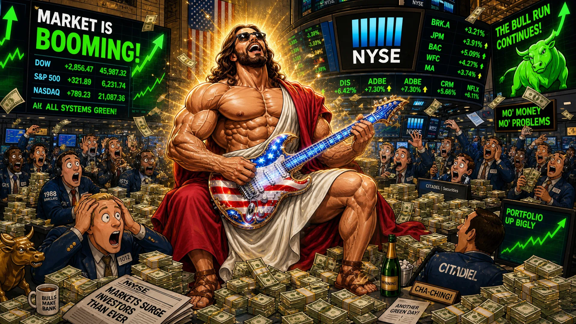This is a highly passionate and energetic music Video with the topic being a very Muscular  and Huge jesus christ with a very big chest and massive arms appear in the world Cup staduim , on a stage the stage literally animmates from thing air in the stadium, then  a very Muscular  and Huge jesus christ is seen wearing his normal Robe garmet but with rebans glasses on and a usa all color heavenly guitar then he perfroms the intro of the song the crowd looks amazed in awe , some want to cry , then we me through the song with jesus in multiple scenario in a very high extreme intensional passion and extremely music and emotional high impact set of scenes as jesus came to perform this song in his quest for peace , external song will be added so this is in general a visual construction constraints for all multiple scenario scenes will be provided. JeSUS CHRIST has a guitar named Calibri(Guitar Calibri is all american flagged colored and has a heavenly look) song style from suno:'Arena rock anthem with a driving 4/4 beat at 130 BPM in the key of E major, Distorted electric guitars play palm-muted eighth-note power chords in the verses, opening up to sustained chords in the chorus, A prominent synth lead with a saw-wave texture doubles the vocal melody during the hook, The drums feature a heavy kick on every beat with a gated reverb snare on 2 and 4, A gritty bass guitar follows the kick drum pattern, Male vocals are delivered with a raspy, belt-style technique, supported by layered group harmonies in the chorus, The arrangement builds with rising synth risers and cymbal swells leading into the refrain' Scene 1: scene 1 this should have 3 stages , this will be an image with the outside of the stadium showing in a professional way and second shot should be a close up of the stage inside the staduim where jesus christ basically already half fazing in with his angelic band all (white scary looking and beautiful angels they have multi color filled eyes some have only bues hues etc some have all colors in eyes etc and look young and slender and long ) jesus christ half fazing in magically all white looking magic like whit beautifule shiny sandy dusts diamonds fazing in while holding his guitar and the rest of the band on their instrument they should be (3 angels) , then use the as a main as a main third stage jesus completely fades in then he starts singijng and dancing with his band emotionally and intensely , the beat just start and the instrument are going wild and the main attension is jesus christ here as he is doing a guitar solo intro the moment he is in view Scene 2: this has 3 stages he continues his guitar solo , finshes it then starts singing in the second stage he should walk close to the frame and sing to the frame very Upclose and personal (show he slightly far from the frame as a video model will be used on all scenes later as i would make the character walk to the frame then while sing for this scenario ) while he is singing i want realistic lo0king t rex dinosaurs to appear in with that white dust from the left and side of the stage these dinosaurs are all white colored and have gold hairs they have flours on their necks and are dancing intensely to the beats as they fazing in while jesus is still performing intensely Scene 3: he is still in the stadium performing the show and people in the crowd crying the jesus uses white dust and actually appears in Iran millary facility with mislles everywhere and small drones he is hovering and singing intensley while all of tarhanas soldiers all keeling just amazed in awe to see jesus all guns drop, jesus is still singing playing his guitar intensely with passion Scene 4: next He appears above new york on a beauitful spot in broadway singing intensely hovering , its afternoon and donald trump and president of china appear he looks at them while still playing his guitar as they acting like enemies , his face turns to a scary golden lion creation then they quickly hug (donald trump and chi jing ping) and jesus doing all this while still intensely playing his guitar and singing Scene 5: this now focusing on jesus as he is doing another solo in that same spot in newyork broadway but its evening time now there is heavy wind every where lights material and things things like around as the clouds get darker and thunder start striking in the skies all this while jesus still doing his guitar solo then at the end show a large silver rocket flying straight up into the skies with a big space X Logo on It Scene 6: Now Jesus Appears in The Stock Exchange and is singing intensley while money is every as all the stocks just keep going up people literally have money filling up the tables and blocking the way all numbers going up and jesus in the midel of this is sitted looking up and singing , then jeusu is seen performing and singing on skid row and the homeless people start getting clean white dust on their body each one of them a huge Gold bar magically appears in their hands Scene 7: next jesus is on a beach in Brazil , then Vladir mire putin and Zelenske of ukranie they appear he looks at them with that golden lionsih face again then they get scared and hugged themselves , then jesus stops playing for the first time as a boy was playing with a football then jesus starting playing football with the boy doing footstricks Scene 8: Here jesus hovers basically Up in the sky and he is back to playing his intrument and singing intensy he hovers so high every one could see him as he startied emitting light and it was dark , then jesus reach such intensity of the music he basic fazed himself into 6 places at once at the same time he was playing , locations in , africa, America, Australia, Asia, south america, Europe in all locations he was in while playing music massive proffits are being made money is coming in (like people have money running out of ther pockets cars and foods are replicating , houses are being replicated and given an heavenly look new stuctures are being created) Scene 9: then he finally goes back to the staduim in america it all started from his band is in the stage while he is on the field singing while still playing his trusted american flag colored guitar called 'Calibri ' and hamonizing with an heavenly choir as the are ending the somg as he plays the guitar in spaces and pauses they all scream [snare hits, full band enters] Ho! Ho! Ho! Ho!
Caption
