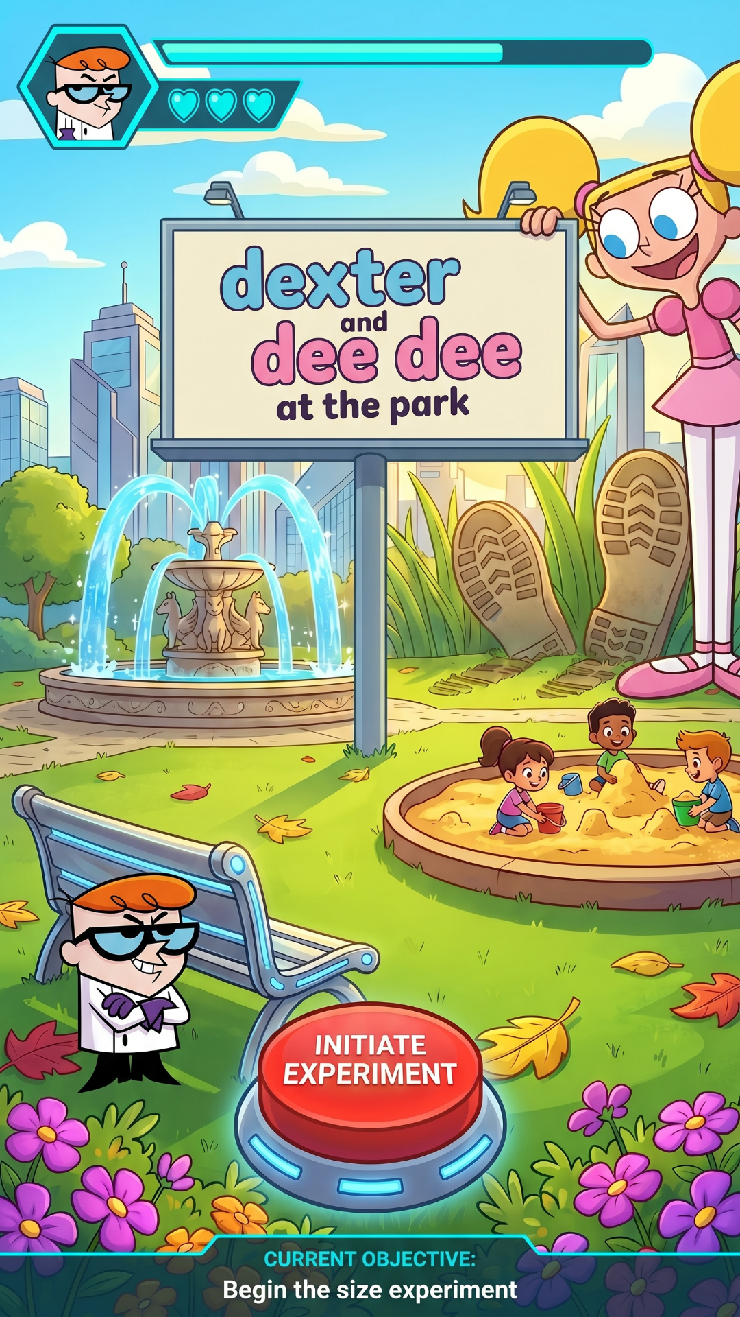 Update: 'update this as it feels rushed we didnt get the scemn of dexter enter the park both huge and small and didi get the scene where , dee dee hides the remote in the first place , the user playing the game will have no incentive
', Original prompt:'Dexters Laboratory , , dee hides dexters all controlling remote in the park , Dexter enters his laboratory, he and walks up to 2 machines (Minificator and Humungus), user chosses the minificator and dexter is tiny walking into the park looking around , then he is gettting chased by an ant , but deedee helps him while laughing at him saving him from the ant , choosing Humungus dexter is as tall as a sky scrapper walking into the park every body is running then he spost the remote and steps on it , then he screams dee dee , dee dee starts laughing , then he picks her up with one hand and she looks scared '