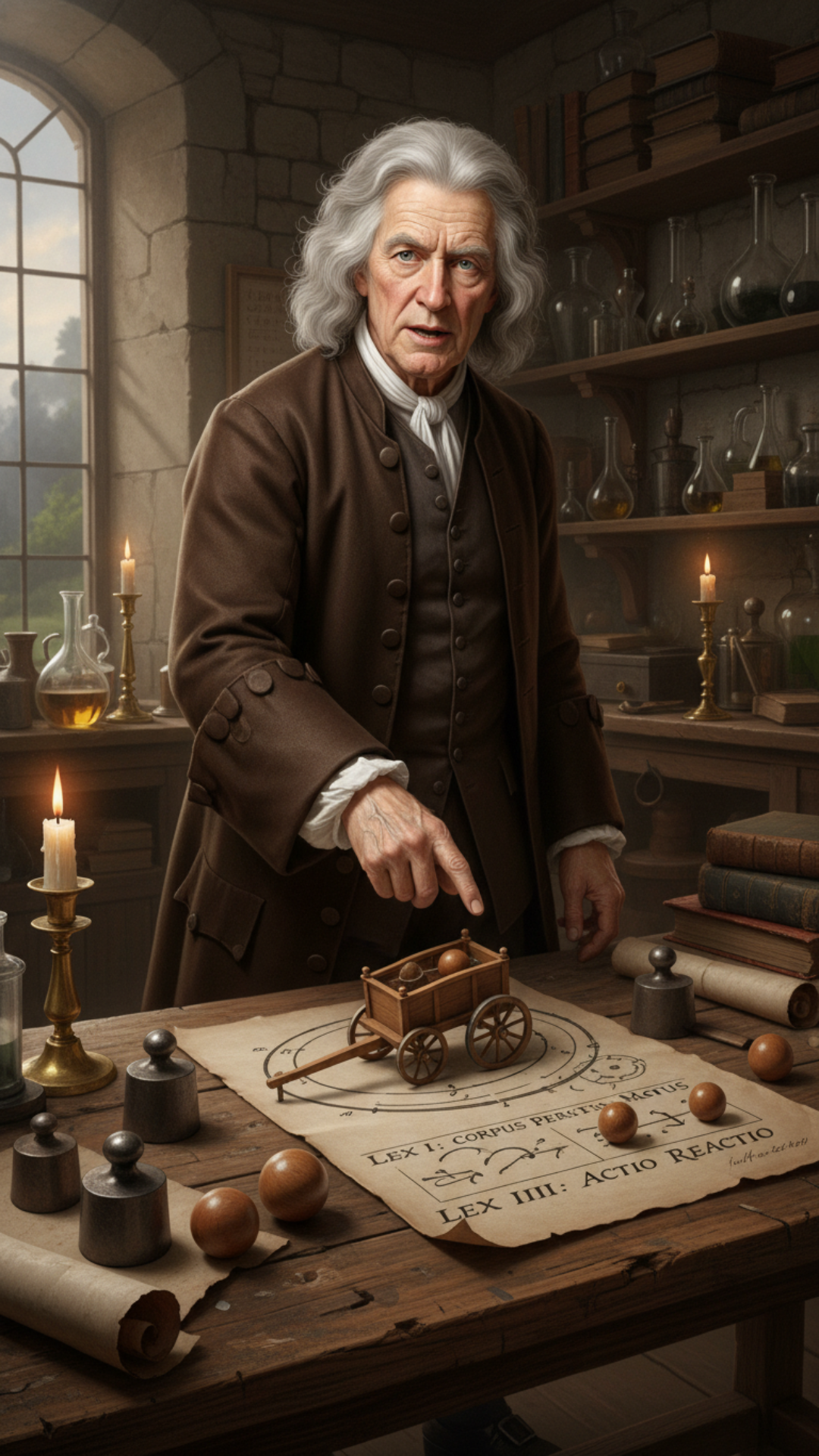Pretend you are Sir Isaac Newton and explain seven of your greatest discoveries to me. The location should be his known home. in his laboratory and he should have an experimental display explaining each of these discoveries he has made in his life , only character on scene is Issac Newton