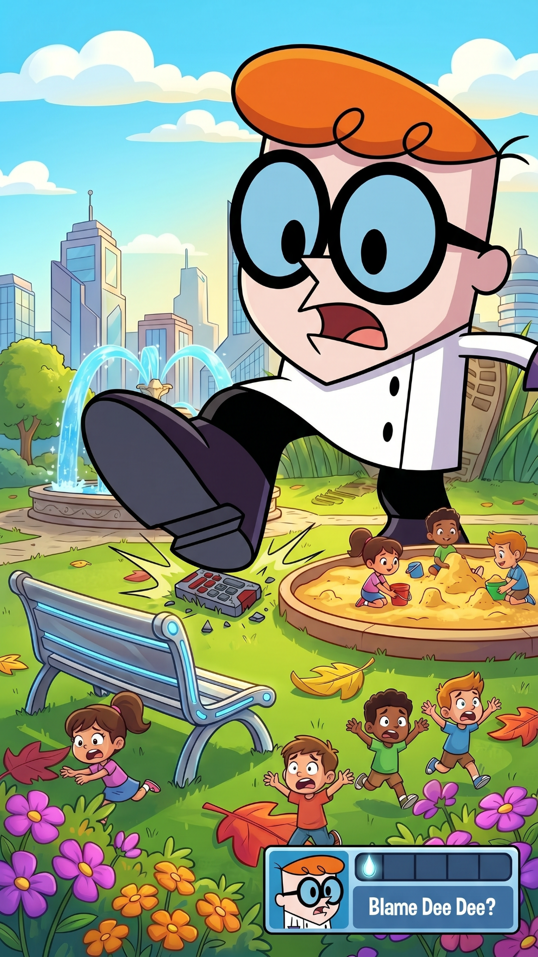 Update: 'update this as it feels rushed we didnt get the scemn of dexter enter the park both huge and small and didi get the scene where , dee dee hides the remote in the first place , the user playing the game will have no incentive
', Original prompt:'Dexters Laboratory , , dee hides dexters all controlling remote in the park , Dexter enters his laboratory, he and walks up to 2 machines (Minificator and Humungus), user chosses the minificator and dexter is tiny walking into the park looking around , then he is gettting chased by an ant , but deedee helps him while laughing at him saving him from the ant , choosing Humungus dexter is as tall as a sky scrapper walking into the park every body is running then he spost the remote and steps on it , then he screams dee dee , dee dee starts laughing , then he picks her up with one hand and she looks scared '