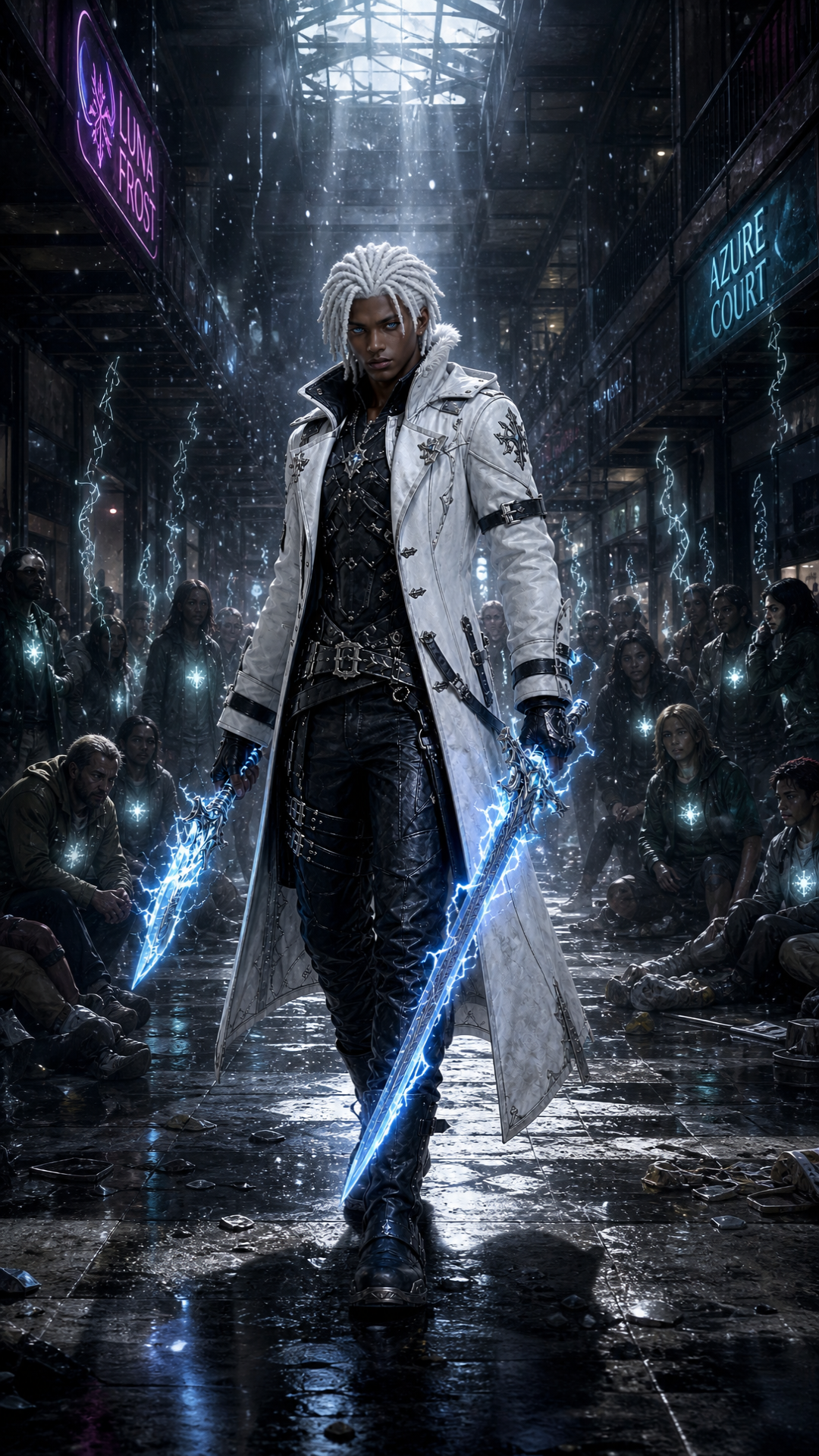 Full Story Synopsis: The Haven Chronicles
A meteor shower crashes onto Earth, but they are no ordinary space rocks. Instead, they carry demon-like invaders—orcish warlords, cyclops beasts, giant insects, and monstrous birds—who wreak havoc across New York City and beyond. Humanity is battered and overwhelmed, its armies crushed beneath a tide of darkness.
Yet from the desperate hearts of ordinary people, an ancient prophecy awakens: the Book of Love. This mystical tome bestows incredible powers on those brave enough to claim them, sparking a fierce resistance. A shockwave born from this awakening sends demons fleeing to the scorching southern lands, while scattering human survivors to icy refuges in the north.
In these frozen wilds, healing begins — and with it, the birth of Haven, a sanctuary of snowy white castles topped with gold and diamond, guarded by giant, rideable mythical beasts. Static, the electric swordsman with white dreads and a fierce white tiger companion, narrates the tale, guiding us through this shattered new world.
His closest allies, Flamez, a fire-wielder with a red griffin, and Tera, a luminous water(Glow) mage who conjures anything she can imagine take us deep into the heart of Haven’s struggle. Together, these heroes embody the fragile hope, fierce friendship, and unbreakable spirit needed to face the darkness once more.
The Haven Chronicles is the story of survival, sacrifice, and the power of unity in a world forever changed.
Scene 1
Beat 1
Flamez stands in the snowy park garden in haven(with live flowers in the snow), red griffin calmly beside him on the ground.
Flamez (playful, inviting): "Welcome to Haven it's beyond your wildest imagination"
Beat 2
Flamez mounts griffin and takes off soaring as Static watches Him FLY AWAY same location in the snowy park Garden in haven, electric swords glowing.
Static (serious, calm): "This world was forged in chaos. Let me tell you what we faced."
Scene 2
Beat 1
Static surveys a destroyed city new york city, swords crackling with electricity.
Static (grave): "Meteors didn’t just fall—they unleashed demons."
Beat 2
Cut to chaos in streets as Static surveys: jets crashing, soldiers defeated.
Static: "We fought... and nearly lost everything."
Scene 3
Beat 1
Static walks through scenes of scared humans in malls and churches, glowing light from their chests.
Static (soft): "Yet bravery lived, even in the ordinary."
Beat 2
Close-up on the glowing Book of Love pulsing softly.
Static: "The Book of Love unlocked our hidden strength."
Scene 4
Beat 1
Shockwave sends demons fleeing south.
Static (reflective): "The power drove demons to Earth’s fiery south."
Beat 2
Humans gather around campfires in snowy wilderness, healing wounds.
Static: "We scattered to the cold and learned to heal."
Scene 5
Beat 1
Haven’s white castles with golden and diamond roofs shining in snow.
Static (calm): "From ruins we built Haven—our sanctuary."
Beat 2
Riders on giant white tigers and griffins patrol snowy gardens.
Static: "Here, strength is found in unity."
Scene 6
Beat 1
Tera stands in a snowy garden, glowing water swirling around her hands, as a transparent, glowing wolf made of her light rests at her feet.
Tera (quiet, confident): "Glow is life. I craft warriors from light."
Beat 2
Seven translucent angelic warriors and her transparent, glowing wolf stand guard around Tera.
Tera: "Together, we protect Haven."
Scene 7
Beat 1
Flamez stands outside the grand arena with his red griffin beside him; his sword ignites with a fiery blaze.
Flamez (bold, fierce): "Fire burns the old away. I forge the new."
Beat 2
Flamez trains inside the arena alone, sword blazing.
Flamez: "My flame drives every fight."
Scene 8
Beat 1
Static stands at Haven’s massive gates, swords crossed.
Static (solemn): "We wait. We prepare."
Beat 2
Flamez and Tera join Static; the trio stands strong, ready.
Static: "The next battle is coming."
Scene 9
Beat 1
Wide shot of the trio overlooking snowy Haven.
Static (softly): "In this broken world, we found more..."
Beat 2
Close-up on faces—hopeful and determined.
Static: "Friendship. Hope. Power. Happiness." Character Descriptions
Static: A cute Black man with white dreads; an electric swordsman who narrates the tale and fights to protect Haven.
White Tiger: Static's fierce and loyal companion, a giant rideable white tiger who stands by his side. white devil may cry jacket two swords electric powers one short sword one long
Flamez: A cute fire-wielder with yellow hair, known for his blazing sword and playful spirit. Red devil may cry jacket one very long all black sword made of charcoal
Red Griffin: Flamez's companion, a majestic and powerful a giant rideable red griffin that soars through the snowy skies.
Tera: A cute, luminous sparkling TINY glass and Diamond's FILLED water (glow) mage who conjures anything she wants in form of Glow to fight alongside her. she is wearing all white usaullt a short white pleated skirt and a white and gray little red ridinghood type hood , her hood always down she also conjurs up a giant Giant hammer as that is her favorite weapon
Glowing Wolf: Tera's companion, a beautiful, transparent, and glowing a giant rideable wolf made entirely from her luminous sparkling TINY glass and Diamond's FILLED water(glow) .