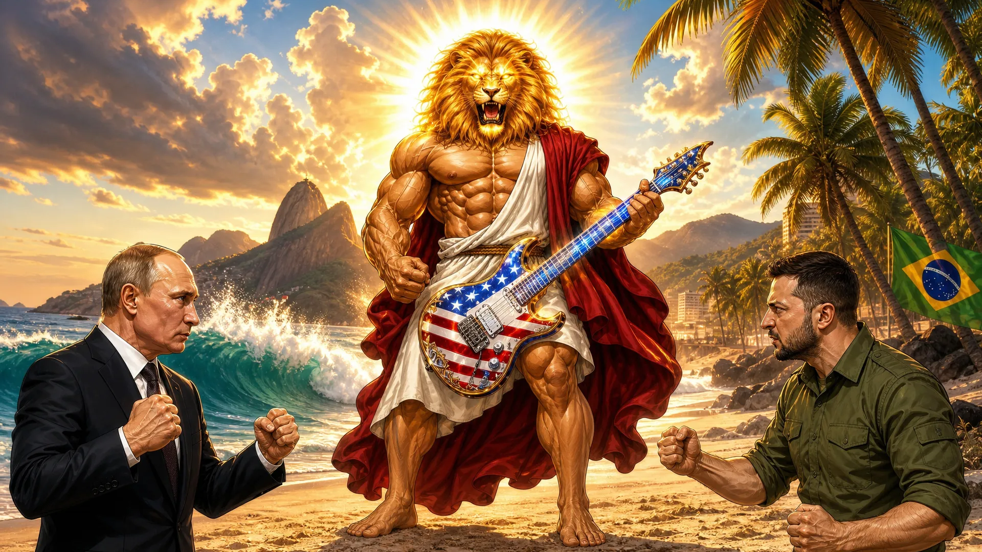 This is a highly passionate and energetic music Video with the topic being a very Muscular  and Huge jesus christ with a very big chest and massive arms appear in the world Cup staduim , on a stage the stage literally animmates from thing air in the stadium, then  a very Muscular  and Huge jesus christ is seen wearing his normal Robe garmet but with rebans glasses on and a usa all color heavenly guitar then he perfroms the intro of the song the crowd looks amazed in awe , some want to cry , then we me through the song with jesus in multiple scenario in a very high extreme intensional passion and extremely music and emotional high impact set of scenes as jesus came to perform this song in his quest for peace , external song will be added so this is in general a visual construction constraints for all multiple scenario scenes will be provided. JeSUS CHRIST has a guitar named Calibri(Guitar Calibri is all american flagged colored and has a heavenly look) song style from suno:'Arena rock anthem with a driving 4/4 beat at 130 BPM in the key of E major, Distorted electric guitars play palm-muted eighth-note power chords in the verses, opening up to sustained chords in the chorus, A prominent synth lead with a saw-wave texture doubles the vocal melody during the hook, The drums feature a heavy kick on every beat with a gated reverb snare on 2 and 4, A gritty bass guitar follows the kick drum pattern, Male vocals are delivered with a raspy, belt-style technique, supported by layered group harmonies in the chorus, The arrangement builds with rising synth risers and cymbal swells leading into the refrain' Scene 1: scene 1 this should have 3 stages , this will be an image with the outside of the stadium showing in a professional way and second shot should be a close up of the stage inside the staduim where jesus christ basically already half fazing in with his angelic band all (white scary looking and beautiful angels they have multi color filled eyes some have only bues hues etc some have all colors in eyes etc and look young and slender and long ) jesus christ half fazing in magically all white looking magic like whit beautifule shiny sandy dusts diamonds fazing in while holding his guitar and the rest of the band on their instrument they should be (3 angels) , then use the as a main as a main third stage jesus completely fades in then he starts singijng and dancing with his band emotionally and intensely , the beat just start and the instrument are going wild and the main attension is jesus christ here as he is doing a guitar solo intro the moment he is in view Scene 2: this has 3 stages he continues his guitar solo , finshes it then starts singing in the second stage he should walk close to the frame and sing to the frame very Upclose and personal (show he slightly far from the frame as a video model will be used on all scenes later as i would make the character walk to the frame then while sing for this scenario ) while he is singing i want realistic lo0king t rex dinosaurs to appear in with that white dust from the left and side of the stage these dinosaurs are all white colored and have gold hairs they have flours on their necks and are dancing intensely to the beats as they fazing in while jesus is still performing intensely Scene 3: he is still in the stadium performing the show and people in the crowd crying the jesus uses white dust and actually appears in Iran millary facility with mislles everywhere and small drones he is hovering and singing intensley while all of tarhanas soldiers all keeling just amazed in awe to see jesus all guns drop, jesus is still singing playing his guitar intensely with passion Scene 4: next He appears above new york on a beauitful spot in broadway singing intensely hovering , its afternoon and donald trump and president of china appear he looks at them while still playing his guitar as they acting like enemies , his face turns to a scary golden lion creation then they quickly hug (donald trump and chi jing ping) and jesus doing all this while still intensely playing his guitar and singing Scene 5: this now focusing on jesus as he is doing another solo in that same spot in newyork broadway but its evening time now there is heavy wind every where lights material and things things like around as the clouds get darker and thunder start striking in the skies all this while jesus still doing his guitar solo then at the end show a large silver rocket flying straight up into the skies with a big space X Logo on It Scene 6: Now Jesus Appears in The Stock Exchange and is singing intensley while money is every as all the stocks just keep going up people literally have money filling up the tables and blocking the way all numbers going up and jesus in the midel of this is sitted looking up and singing , then jeusu is seen performing and singing on skid row and the homeless people start getting clean white dust on their body each one of them a huge Gold bar magically appears in their hands Scene 7: next jesus is on a beach in Brazil , then Vladir mire putin and Zelenske of ukranie they appear he looks at them with that golden lionsih face again then they get scared and hugged themselves , then jesus stops playing for the first time as a boy was playing with a football then jesus starting playing football with the boy doing footstricks Scene 8: Here jesus hovers basically Up in the sky and he is back to playing his intrument and singing intensy he hovers so high every one could see him as he startied emitting light and it was dark , then jesus reach such intensity of the music he basic fazed himself into 6 places at once at the same time he was playing , locations in , africa, America, Australia, Asia, south america, Europe in all locations he was in while playing music massive proffits are being made money is coming in (like people have money running out of ther pockets cars and foods are replicating , houses are being replicated and given an heavenly look new stuctures are being created) Scene 9: then he finally goes back to the staduim in america it all started from his band is in the stage while he is on the field singing while still playing his trusted american flag colored guitar called 'Calibri ' and hamonizing with an heavenly choir as the are ending the somg as he plays the guitar in spaces and pauses they all scream [snare hits, full band enters] Ho! Ho! Ho! Ho!
Caption
