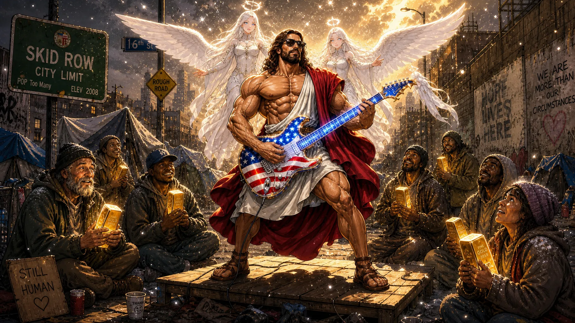 This is a highly passionate and energetic music Video with the topic being a very Muscular  and Huge jesus christ with a very big chest and massive arms appear in the world Cup staduim , on a stage the stage literally animmates from thing air in the stadium, then  a very Muscular  and Huge jesus christ is seen wearing his normal Robe garmet but with rebans glasses on and a usa all color heavenly guitar then he perfroms the intro of the song the crowd looks amazed in awe , some want to cry , then we me through the song with jesus in multiple scenario in a very high extreme intensional passion and extremely music and emotional high impact set of scenes as jesus came to perform this song in his quest for peace , external song will be added so this is in general a visual construction constraints for all multiple scenario scenes will be provided. JeSUS CHRIST has a guitar named Calibri(Guitar Calibri is all american flagged colored and has a heavenly look) song style from suno:'Arena rock anthem with a driving 4/4 beat at 130 BPM in the key of E major, Distorted electric guitars play palm-muted eighth-note power chords in the verses, opening up to sustained chords in the chorus, A prominent synth lead with a saw-wave texture doubles the vocal melody during the hook, The drums feature a heavy kick on every beat with a gated reverb snare on 2 and 4, A gritty bass guitar follows the kick drum pattern, Male vocals are delivered with a raspy, belt-style technique, supported by layered group harmonies in the chorus, The arrangement builds with rising synth risers and cymbal swells leading into the refrain' Scene 1: scene 1 this should have 3 stages , this will be an image with the outside of the stadium showing in a professional way and second shot should be a close up of the stage inside the staduim where jesus christ basically already half fazing in with his angelic band all (white scary looking and beautiful angels they have multi color filled eyes some have only bues hues etc some have all colors in eyes etc and look young and slender and long ) jesus christ half fazing in magically all white looking magic like whit beautifule shiny sandy dusts diamonds fazing in while holding his guitar and the rest of the band on their instrument they should be (3 angels) , then use the as a main as a main third stage jesus completely fades in then he starts singijng and dancing with his band emotionally and intensely , the beat just start and the instrument are going wild and the main attension is jesus christ here as he is doing a guitar solo intro the moment he is in view Scene 2: this has 3 stages he continues his guitar solo , finshes it then starts singing in the second stage he should walk close to the frame and sing to the frame very Upclose and personal (show he slightly far from the frame as a video model will be used on all scenes later as i would make the character walk to the frame then while sing for this scenario ) while he is singing i want realistic lo0king t rex dinosaurs to appear in with that white dust from the left and side of the stage these dinosaurs are all white colored and have gold hairs they have flours on their necks and are dancing intensely to the beats as they fazing in while jesus is still performing intensely Scene 3: he is still in the stadium performing the show and people in the crowd crying the jesus uses white dust and actually appears in Iran millary facility with mislles everywhere and small drones he is hovering and singing intensley while all of tarhanas soldiers all keeling just amazed in awe to see jesus all guns drop, jesus is still singing playing his guitar intensely with passion Scene 4: next He appears above new york on a beauitful spot in broadway singing intensely hovering , its afternoon and donald trump and president of china appear he looks at them while still playing his guitar as they acting like enemies , his face turns to a scary golden lion creation then they quickly hug (donald trump and chi jing ping) and jesus doing all this while still intensely playing his guitar and singing Scene 5: this now focusing on jesus as he is doing another solo in that same spot in newyork broadway but its evening time now there is heavy wind every where lights material and things things like around as the clouds get darker and thunder start striking in the skies all this while jesus still doing his guitar solo then at the end show a large silver rocket flying straight up into the skies with a big space X Logo on It Scene 6: Now Jesus Appears in The Stock Exchange and is singing intensley while money is every as all the stocks just keep going up people literally have money filling up the tables and blocking the way all numbers going up and jesus in the midel of this is sitted looking up and singing , then jeusu is seen performing and singing on skid row and the homeless people start getting clean white dust on their body each one of them a huge Gold bar magically appears in their hands Scene 7: next jesus is on a beach in Brazil , then Vladir mire putin and Zelenske of ukranie they appear he looks at them with that golden lionsih face again then they get scared and hugged themselves , then jesus stops playing for the first time as a boy was playing with a football then jesus starting playing football with the boy doing footstricks Scene 8: Here jesus hovers basically Up in the sky and he is back to playing his intrument and singing intensy he hovers so high every one could see him as he startied emitting light and it was dark , then jesus reach such intensity of the music he basic fazed himself into 6 places at once at the same time he was playing , locations in , africa, America, Australia, Asia, south america, Europe in all locations he was in while playing music massive proffits are being made money is coming in (like people have money running out of ther pockets cars and foods are replicating , houses are being replicated and given an heavenly look new stuctures are being created) Scene 9: then he finally goes back to the staduim in america it all started from his band is in the stage while he is on the field singing while still playing his trusted american flag colored guitar called 'Calibri ' and hamonizing with an heavenly choir as the are ending the somg as he plays the guitar in spaces and pauses they all scream [snare hits, full band enters] Ho! Ho! Ho! Ho!
Caption
