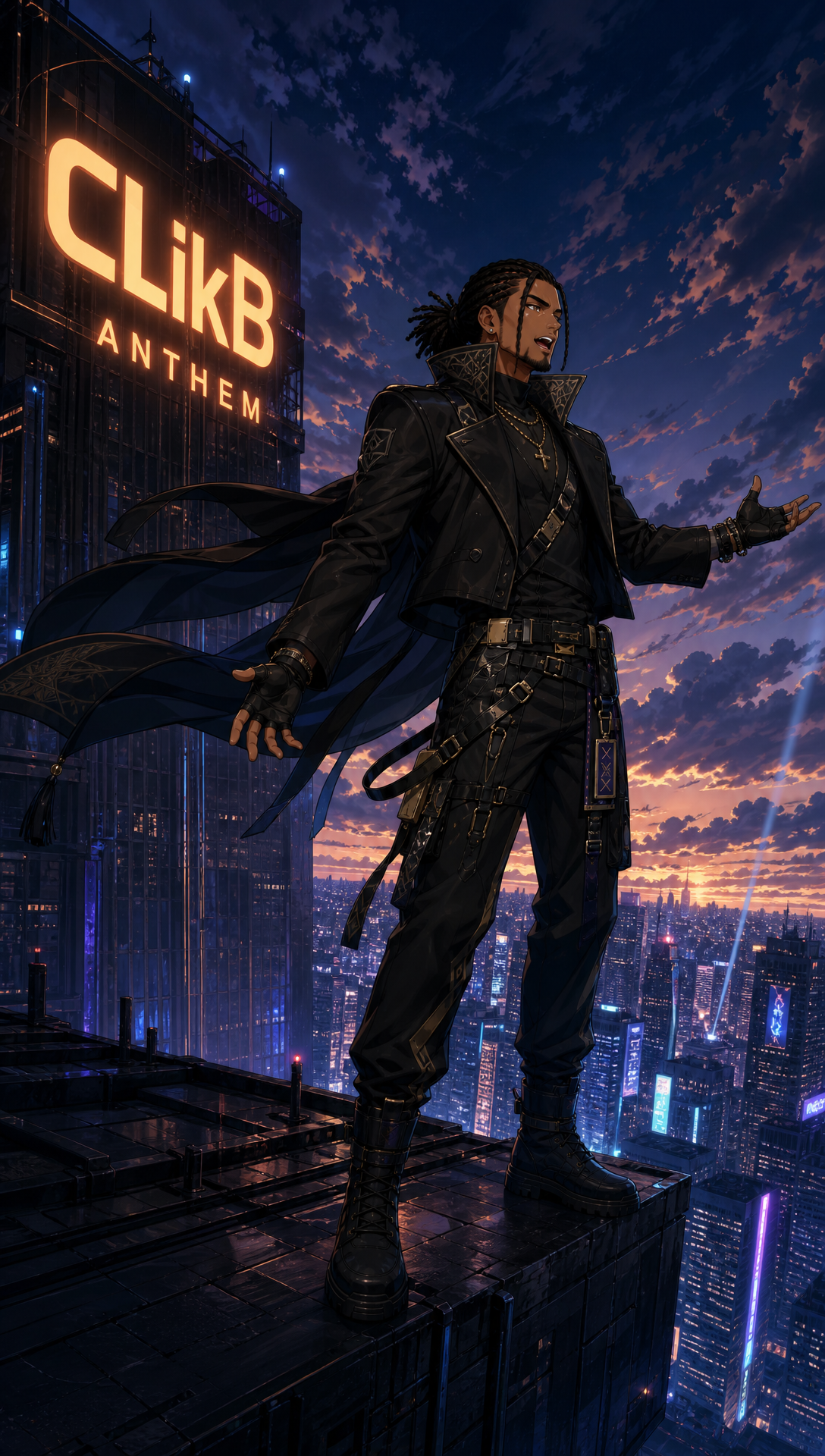 You must make sure my characters’ clothing changes based on the scenario, and the clothing design must be eccentric and match personality. They can have a base eccentric outfit, but if the clothing needs to change, it will; if not, they use their base outfit based on scene context.
Scene 1: Cuzon stands at the top of a huge skyscraper with the CLikB name visible at the top left of the building, singing confidently into the wind like a polished music video lead, cool and composed, not too flashy, just powerful and self-assured, with no microphone in sight, then it cuts to a white, clean but slightly messy dream-room office where he’s working in pajamas with two laptops open, empty noodle cups and food scattered around, still coding on the company while the performance energy stays in the vibe, but this shot is more about his grind than full singing.
Scene 2: Cuzon moves into a cocktail party, midway walking up to Terra by the bar while she relaxes there, and this is clearly his recruitment moment, smooth and intentional, like he’s pulling her into the mission, then it shows Cuzon and Terra with Casey and Laura outside two black cars on a desert Texas road, just about to get in, with Cuzon and Laura in one car and the other two in the other, making it feel like the team is locking in before a major move.
Scene 3: The story jumps to Afghanistan, where the four of them have created a children’s tech center in their camp, with the tents becoming bigger and more stable while still cheap and realistic, and around them are tech domes, tech tents, guided training games, AI mini libraries, plus massive amounts of food and water being distributed through a clearly well-funded humanitarian setup with trucks, supply crates, and delivery drones, making the whole place feel like a real large-scale aid operation rather than a fantasy build, then it goes to a remote USA border area where Cuzon and Terra are flying in with wing suits or glider gear helping people affected by trafficking, and Terra has landed and is giving a baby water while the mother looks sad, while nearby other people are being moved through the situation and the trafficker with the gun looks shocked at the wing suit arrival, making the rescue feel tense and cinematic.
Scene 4: The full expanded crew, Cuzon, Terra, Casey, Laura, Senu, Rita, and Eddy, comes into the India slums where they’re giving out massive amounts of food, PlayStations, and aid as a big well-funded event with trucks, stacked supplies, and delivery drones moving everything around, and this is one of the music-video performance moments where Cuzon is also singing while looking toward camera with that smirky smile from the side of the frame, never using a mic, like he’s both leading the mission and performing the anthem, then it closes at the White House gates with all seven friends standing together in a powerful final shot, and here Cuzon is singing again if he’s in the frame, giving the ending that full emotional music-video finish where the mission and the song land together.