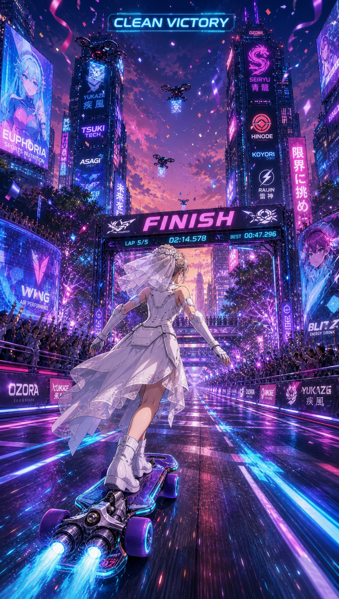 Update: 'chnage this from a sports arena to an outside sports event in a futuristic city so its still a sports event but its hosted ooutside in the city streets , this way having tress as an obstacle makes as there are treee evrywhere and this one just happens to cause the crash on the right railing ', Original prompt:'A third-person futuristic skateboarding racing video game, viewed from behind the character the entire time, set in a neon-filled outdoor sports arena in a cyberpunk city. A skilled skater rides a high-tech skateboard with visible nitro rocket boosters for speed bursts. Scene 1: the rider is at the starting line facing the track, ready to begin. Scene 2: he starts moving forward. Scene 3: he accelerates hard, nitro boosters activated, leaving glowing speed trails. Scene 4: he reaches a split rail section with grinding rails on both sides, where the right rail has dangerous tree branches growing into it as a visual warning. Scene 5: he chooses the right rail, begins grinding, hits the branches, and falls off. Scene 6: he jumps onto the left rail, grinds smoothly through the rails, then jumps off. Scene 7: he rides at full speed and crosses the finish line. The same futuristic neon sporting location continues through the whole sequence, with crowds cheering at the finish if he wins or booing if he fails. Cinematic, dynamic motion, sleek cyberpunk lighting, dramatic third-person gameplay feel, high-energy action, detailed environment, back view of the character, professional skate race atmosphere.'