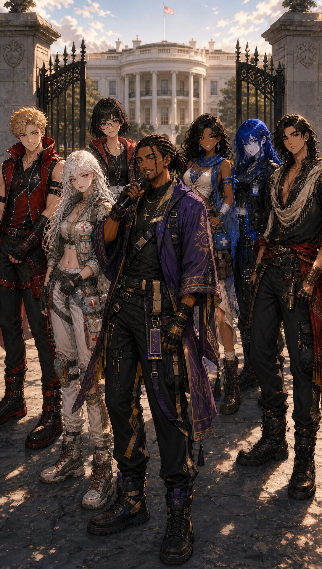 You must make sure my characters’ clothing changes based on the scenario, and the clothing design must be eccentric and match personality. They can have a base eccentric outfit, but if the clothing needs to change, it will; if not, they use their base outfit based on scene context.
Scene 1: Cuzon stands at the top of a huge skyscraper with the CLikB name visible at the top left of the building, singing confidently into the wind like a polished music video lead, cool and composed, not too flashy, just powerful and self-assured, with no microphone in sight, then it cuts to a white, clean but slightly messy dream-room office where he’s working in pajamas with two laptops open, empty noodle cups and food scattered around, still coding on the company while the performance energy stays in the vibe, but this shot is more about his grind than full singing.
Scene 2: Cuzon moves into a cocktail party, midway walking up to Terra by the bar while she relaxes there, and this is clearly his recruitment moment, smooth and intentional, like he’s pulling her into the mission, then it shows Cuzon and Terra with Casey and Laura outside two black cars on a desert Texas road, just about to get in, with Cuzon and Laura in one car and the other two in the other, making it feel like the team is locking in before a major move.
Scene 3: The story jumps to Afghanistan, where the four of them have created a children’s tech center in their camp, with the tents becoming bigger and more stable while still cheap and realistic, and around them are tech domes, tech tents, guided training games, AI mini libraries, plus massive amounts of food and water being distributed through a clearly well-funded humanitarian setup with trucks, supply crates, and delivery drones, making the whole place feel like a real large-scale aid operation rather than a fantasy build, then it goes to a remote USA border area where Cuzon and Terra are flying in with wing suits or glider gear helping people affected by trafficking, and Terra has landed and is giving a baby water while the mother looks sad, while nearby other people are being moved through the situation and the trafficker with the gun looks shocked at the wing suit arrival, making the rescue feel tense and cinematic.
Scene 4: The full expanded crew, Cuzon, Terra, Casey, Laura, Senu, Rita, and Eddy, comes into the India slums where they’re giving out massive amounts of food, PlayStations, and aid as a big well-funded event with trucks, stacked supplies, and delivery drones moving everything around, and this is one of the music-video performance moments where Cuzon is also singing while looking toward camera with that smirky smile from the side of the frame, never using a mic, like he’s both leading the mission and performing the anthem, then it closes at the White House gates with all seven friends standing together in a powerful final shot, and here Cuzon is singing again if he’s in the frame, giving the ending that full emotional music-video finish where the mission and the song land together.