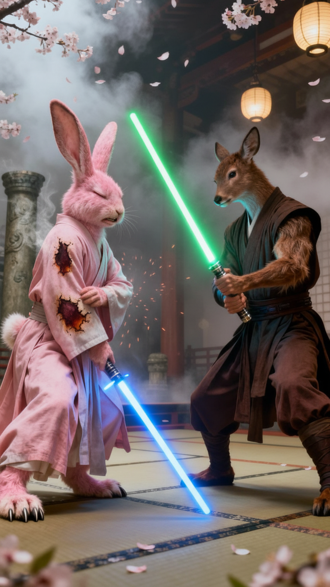 2 jedi a pink Kimono Rabbit jedi and a slim shaolin buck jedi, about to strip light sabers together this scene should show ligh sabers about to hit, The Buck jedi swings and cuts the rabbit on the arm , the rabbit delivers a kick to the jedi from the bottom angle, all scenes show mid action, realistic fur, detailed skin