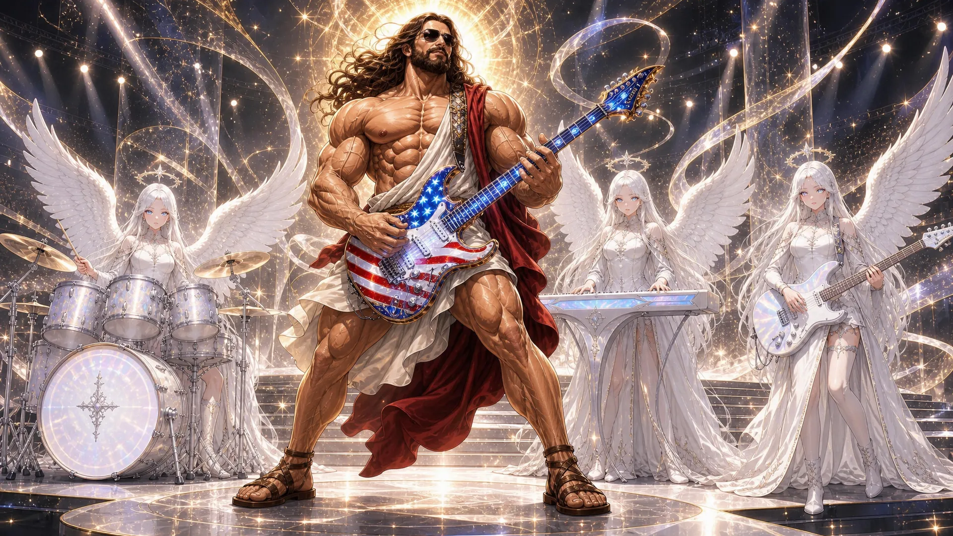 This is a highly passionate and energetic music Video with the topic being a very Muscular  and Huge jesus christ with a very big chest and massive arms appear in the world Cup staduim , on a stage the stage literally animmates from thing air in the stadium, then  a very Muscular  and Huge jesus christ is seen wearing his normal Robe garmet but with rebans glasses on and a usa all color heavenly guitar then he perfroms the intro of the song the crowd looks amazed in awe , some want to cry , then we me through the song with jesus in multiple scenario in a very high extreme intensional passion and extremely music and emotional high impact set of scenes as jesus came to perform this song in his quest for peace , external song will be added so this is in general a visual construction constraints for all multiple scenario scenes will be provided. JeSUS CHRIST has a guitar named Calibri(Guitar Calibri is all american flagged colored and has a heavenly look) song style from suno:'Arena rock anthem with a driving 4/4 beat at 130 BPM in the key of E major, Distorted electric guitars play palm-muted eighth-note power chords in the verses, opening up to sustained chords in the chorus, A prominent synth lead with a saw-wave texture doubles the vocal melody during the hook, The drums feature a heavy kick on every beat with a gated reverb snare on 2 and 4, A gritty bass guitar follows the kick drum pattern, Male vocals are delivered with a raspy, belt-style technique, supported by layered group harmonies in the chorus, The arrangement builds with rising synth risers and cymbal swells leading into the refrain' Scene 1: scene 1 this should have 3 stages , this will be an image with the outside of the stadium showing in a professional way and second shot should be a close up of the stage inside the staduim where jesus christ basically already half fazing in with his angelic band all (white scary looking and beautiful angels they have multi color filled eyes some have only bues hues etc some have all colors in eyes etc and look young and slender and long ) jesus christ half fazing in magically all white looking magic like whit beautifule shiny sandy dusts diamonds fazing in while holding his guitar and the rest of the band on their instrument they should be (3 angels) , then use the as a main as a main third stage jesus completely fades in then he starts singijng and dancing with his band emotionally and intensely , the beat just start and the instrument are going wild and the main attension is jesus christ here as he is doing a guitar solo intro the moment he is in view Scene 2: this has 3 stages he continues his guitar solo , finshes it then starts singing in the second stage he should walk close to the frame and sing to the frame very Upclose and personal (show he slightly far from the frame as a video model will be used on all scenes later as i would make the character walk to the frame then while sing for this scenario ) while he is singing i want realistic lo0king t rex dinosaurs to appear in with that white dust from the left and side of the stage these dinosaurs are all white colored and have gold hairs they have flours on their necks and are dancing intensely to the beats as they fazing in while jesus is still performing intensely Scene 3: he is still in the stadium performing the show and people in the crowd crying the jesus uses white dust and actually appears in Iran millary facility with mislles everywhere and small drones he is hovering and singing intensley while all of tarhanas soldiers all keeling just amazed in awe to see jesus all guns drop, jesus is still singing playing his guitar intensely with passion Scene 4: next He appears above new york on a beauitful spot in broadway singing intensely hovering , its afternoon and donald trump and president of china appear he looks at them while still playing his guitar as they acting like enemies , his face turns to a scary golden lion creation then they quickly hug (donald trump and chi jing ping) and jesus doing all this while still intensely playing his guitar and singing Scene 5: this now focusing on jesus as he is doing another solo in that same spot in newyork broadway but its evening time now there is heavy wind every where lights material and things things like around as the clouds get darker and thunder start striking in the skies all this while jesus still doing his guitar solo then at the end show a large silver rocket flying straight up into the skies with a big space X Logo on It Scene 6: Now Jesus Appears in The Stock Exchange and is singing intensley while money is every as all the stocks just keep going up people literally have money filling up the tables and blocking the way all numbers going up and jesus in the midel of this is sitted looking up and singing , then jeusu is seen performing and singing on skid row and the homeless people start getting clean white dust on their body each one of them a huge Gold bar magically appears in their hands Scene 7: next jesus is on a beach in Brazil , then Vladir mire putin and Zelenske of ukranie they appear he looks at them with that golden lionsih face again then they get scared and hugged themselves , then jesus stops playing for the first time as a boy was playing with a football then jesus starting playing football with the boy doing footstricks Scene 8: Here jesus hovers basically Up in the sky and he is back to playing his intrument and singing intensy he hovers so high every one could see him as he startied emitting light and it was dark , then jesus reach such intensity of the music he basic fazed himself into 6 places at once at the same time he was playing , locations in , africa, America, Australia, Asia, south america, Europe in all locations he was in while playing music massive proffits are being made money is coming in (like people have money running out of ther pockets cars and foods are replicating , houses are being replicated and given an heavenly look new stuctures are being created) Scene 9: then he finally goes back to the staduim in america it all started from his band is in the stage while he is on the field singing while still playing his trusted american flag colored guitar called 'Calibri ' and hamonizing with an heavenly choir as the are ending the somg as he plays the guitar in spaces and pauses they all scream [snare hits, full band enters] Ho! Ho! Ho! Ho!
Caption
