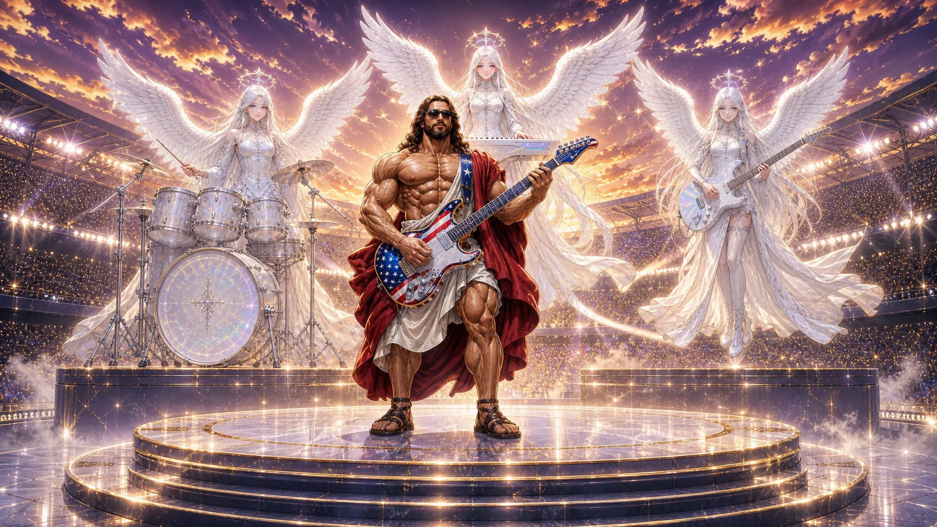 This is a highly passionate and energetic music Video with the topic being a very Muscular  and Huge jesus christ with a very big chest and massive arms appear in the world Cup staduim , on a stage the stage literally animmates from thing air in the stadium, then  a very Muscular  and Huge jesus christ is seen wearing his normal Robe garmet but with rebans glasses on and a usa all color heavenly guitar then he perfroms the intro of the song the crowd looks amazed in awe , some want to cry , then we me through the song with jesus in multiple scenario in a very high extreme intensional passion and extremely music and emotional high impact set of scenes as jesus came to perform this song in his quest for peace , external song will be added so this is in general a visual construction constraints for all multiple scenario scenes will be provided. JeSUS CHRIST has a guitar named Calibri(Guitar Calibri is all american flagged colored and has a heavenly look) song style from suno:'Arena rock anthem with a driving 4/4 beat at 130 BPM in the key of E major, Distorted electric guitars play palm-muted eighth-note power chords in the verses, opening up to sustained chords in the chorus, A prominent synth lead with a saw-wave texture doubles the vocal melody during the hook, The drums feature a heavy kick on every beat with a gated reverb snare on 2 and 4, A gritty bass guitar follows the kick drum pattern, Male vocals are delivered with a raspy, belt-style technique, supported by layered group harmonies in the chorus, The arrangement builds with rising synth risers and cymbal swells leading into the refrain' Scene 1: scene 1 this should have 3 stages , this will be an image with the outside of the stadium showing in a professional way and second shot should be a close up of the stage inside the staduim where jesus christ basically already half fazing in with his angelic band all (white scary looking and beautiful angels they have multi color filled eyes some have only bues hues etc some have all colors in eyes etc and look young and slender and long ) jesus christ half fazing in magically all white looking magic like whit beautifule shiny sandy dusts diamonds fazing in while holding his guitar and the rest of the band on their instrument they should be (3 angels) , then use the as a main as a main third stage jesus completely fades in then he starts singijng and dancing with his band emotionally and intensely , the beat just start and the instrument are going wild and the main attension is jesus christ here as he is doing a guitar solo intro the moment he is in view Scene 2: this has 3 stages he continues his guitar solo , finshes it then starts singing in the second stage he should walk close to the frame and sing to the frame very Upclose and personal (show he slightly far from the frame as a video model will be used on all scenes later as i would make the character walk to the frame then while sing for this scenario ) while he is singing i want realistic lo0king t rex dinosaurs to appear in with that white dust from the left and side of the stage these dinosaurs are all white colored and have gold hairs they have flours on their necks and are dancing intensely to the beats as they fazing in while jesus is still performing intensely Scene 3: he is still in the stadium performing the show and people in the crowd crying the jesus uses white dust and actually appears in Iran millary facility with mislles everywhere and small drones he is hovering and singing intensley while all of tarhanas soldiers all keeling just amazed in awe to see jesus all guns drop, jesus is still singing playing his guitar intensely with passion Scene 4: next He appears above new york on a beauitful spot in broadway singing intensely hovering , its afternoon and donald trump and president of china appear he looks at them while still playing his guitar as they acting like enemies , his face turns to a scary golden lion creation then they quickly hug (donald trump and chi jing ping) and jesus doing all this while still intensely playing his guitar and singing Scene 5: this now focusing on jesus as he is doing another solo in that same spot in newyork broadway but its evening time now there is heavy wind every where lights material and things things like around as the clouds get darker and thunder start striking in the skies all this while jesus still doing his guitar solo then at the end show a large silver rocket flying straight up into the skies with a big space X Logo on It Scene 6: Now Jesus Appears in The Stock Exchange and is singing intensley while money is every as all the stocks just keep going up people literally have money filling up the tables and blocking the way all numbers going up and jesus in the midel of this is sitted looking up and singing , then jeusu is seen performing and singing on skid row and the homeless people start getting clean white dust on their body each one of them a huge Gold bar magically appears in their hands Scene 7: next jesus is on a beach in Brazil , then Vladir mire putin and Zelenske of ukranie they appear he looks at them with that golden lionsih face again then they get scared and hugged themselves , then jesus stops playing for the first time as a boy was playing with a football then jesus starting playing football with the boy doing footstricks Scene 8: Here jesus hovers basically Up in the sky and he is back to playing his intrument and singing intensy he hovers so high every one could see him as he startied emitting light and it was dark , then jesus reach such intensity of the music he basic fazed himself into 6 places at once at the same time he was playing , locations in , africa, America, Australia, Asia, south america, Europe in all locations he was in while playing music massive proffits are being made money is coming in (like people have money running out of ther pockets cars and foods are replicating , houses are being replicated and given an heavenly look new stuctures are being created) Scene 9: then he finally goes back to the staduim in america it all started from his band is in the stage while he is on the field singing while still playing his trusted american flag colored guitar called 'Calibri ' and hamonizing with an heavenly choir as the are ending the somg as he plays the guitar in spaces and pauses they all scream [snare hits, full band enters] Ho! Ho! Ho! Ho!
Caption
